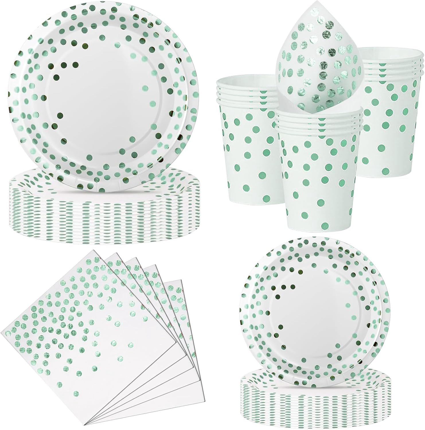 Servies, 50 Stuks Wit en Groen Papieren Borden Kinderfeestje Set met Wegwerp Papieren Borden, Servetten & Bekers voor Verjaardagen, Barbecues, Picknicks en Feesten