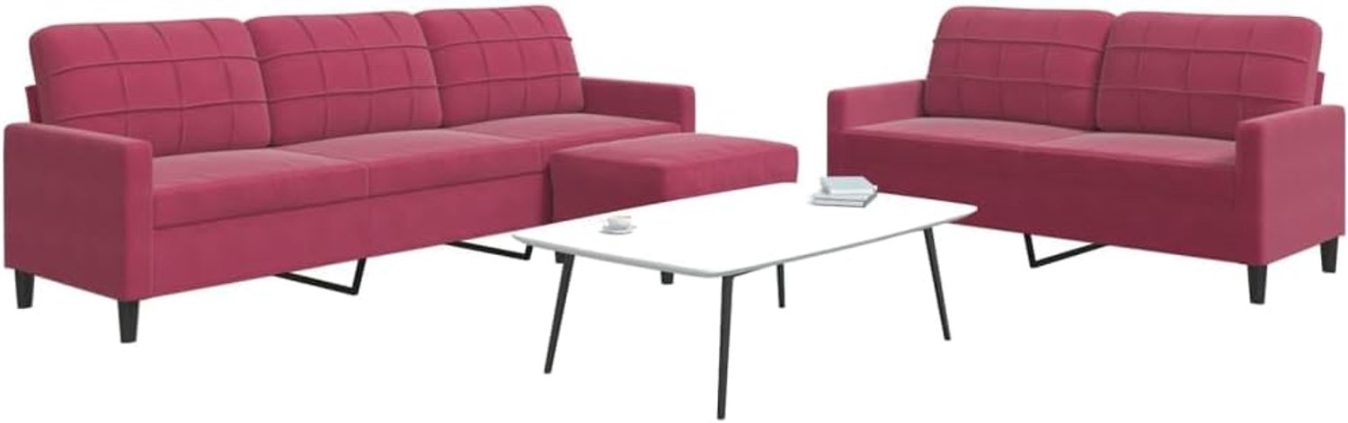3-delige bankset met kussen in wijnrood fluweel, comfortabel gestoffeerde meubels met metalen frame voor woonkamer, zachte velours stof en stabiel design, veelzijdige kruk