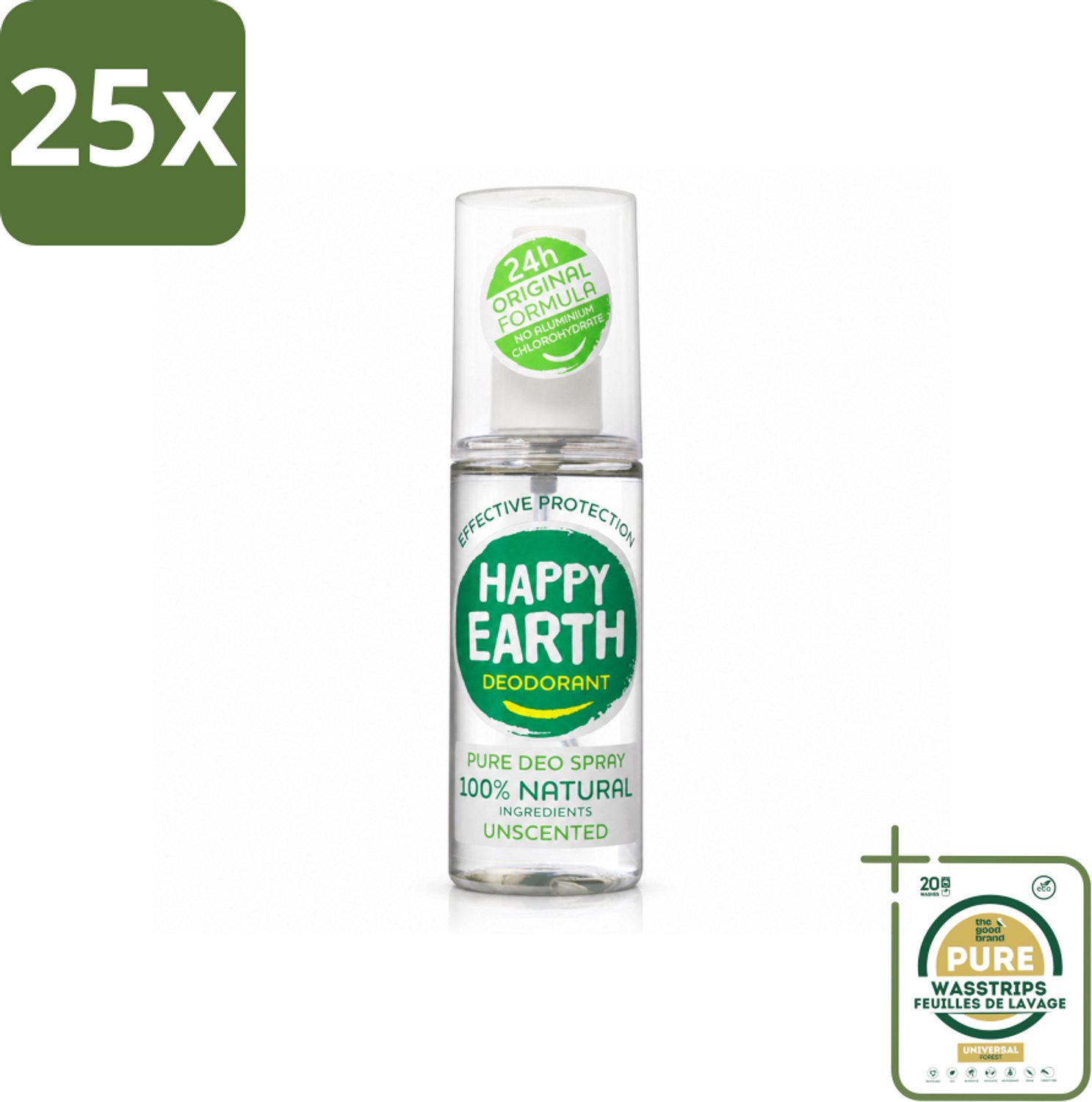 25 x Happy Earth – Deodorant Spray – 100% Natuurlijk Unscented – 100 ml - Wasstrips - Geurloze Deodorant - Hypoallergene Deodorant - Natuurlijke Deodorant - Deodorant Spray - 100% Natuurlijk