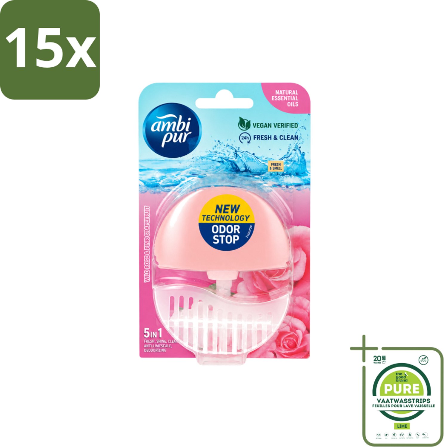 15 x Ambi Pur - Toiletblok - 5in1- Wilde Roos & Roze Grapefruit - 1 Blok - Grootverpakking - Vaatwasstrips - Toilet - Toiletblok - Frisheid - Super Shine - Anti-kalk