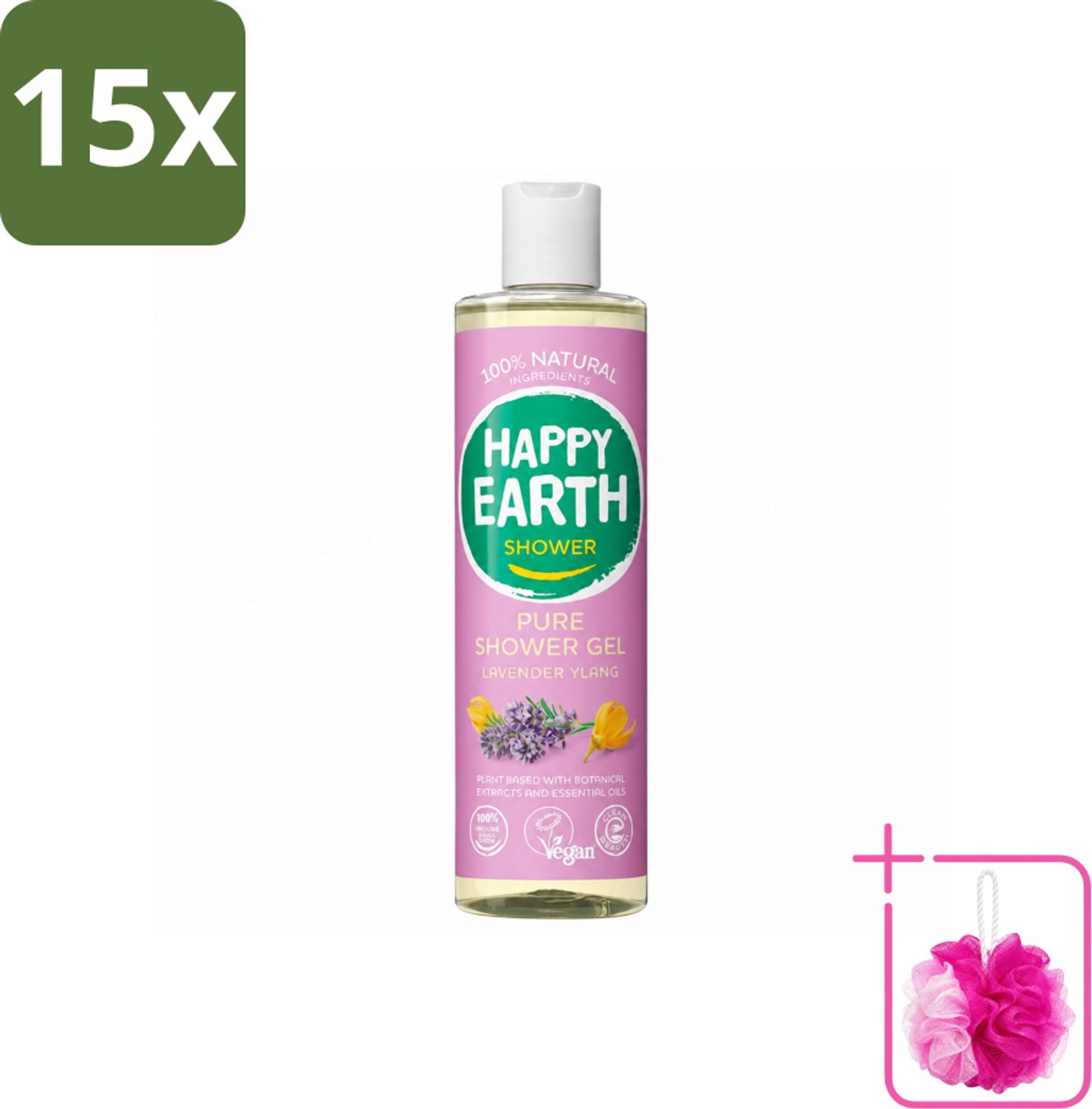 15 x Happy Earth – Douchegel – 100% Natuurlijk Lavender Ylang – 300 ml - Bulkverpakking - Douche gel - Douchemop - Natuurlijke douche