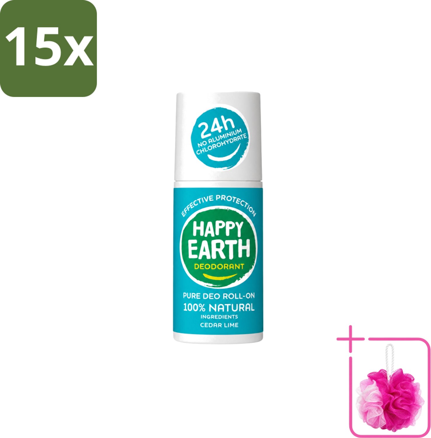15 x Happy Earth – Deodorant Roll-On – 100% Natuurlijk Cedar Lime – 75 ml - Bulkverpakking - Deodorant - Douchemop - Natuurlijke deodorant