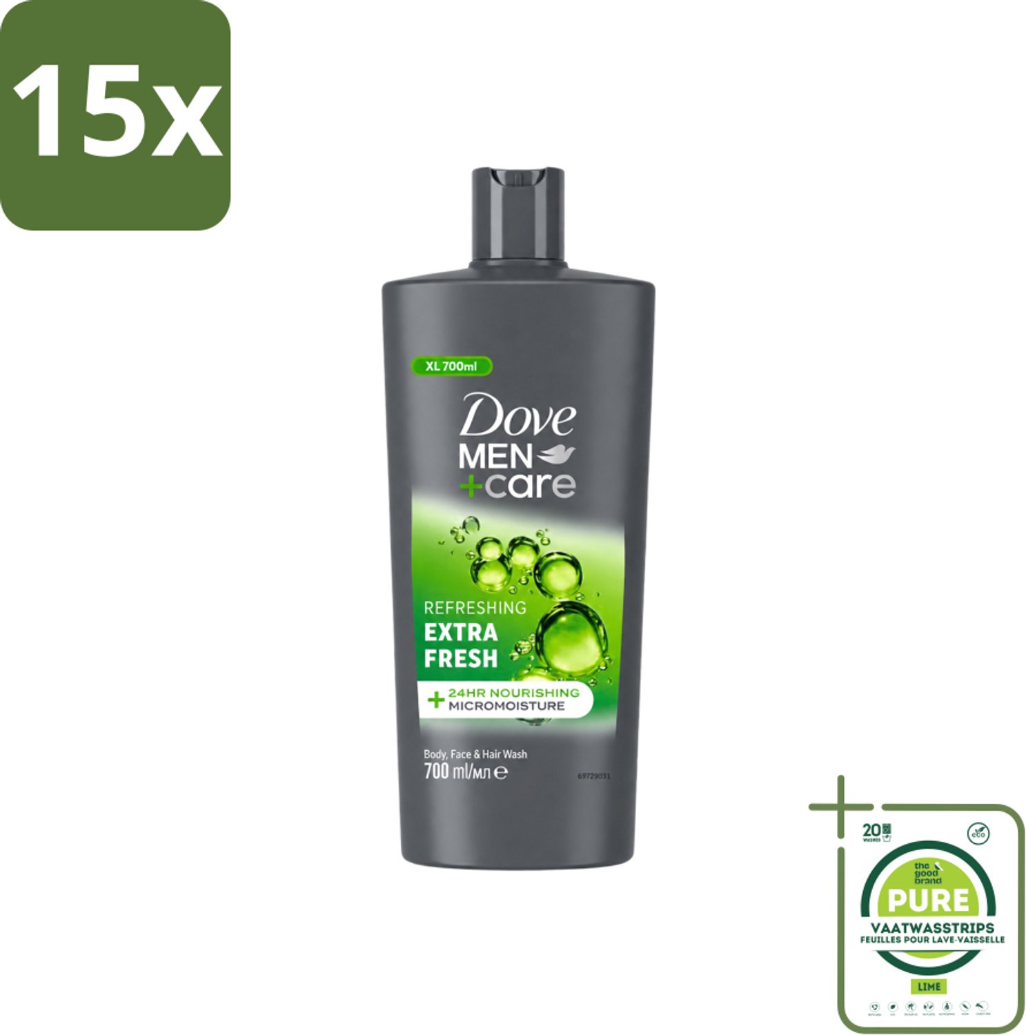 15 x Dove Men+Care - Extra Fresh - Douchegel 3-in-1 - Verzorgend - 700 ml - Grootverpakking - Vaatwasstrips - Douchegel Voor Mannen - Verfrissende Douche - Hydraterende Douche - Gezichtsproduct Voor Mannen - Haarproduct Voor Mannen