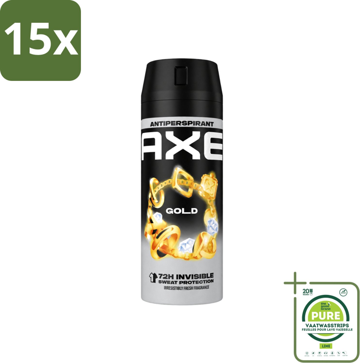 15 x Axe - Deodorant Spray - 72hrs Anti Sweat - Anti White Marks - Gold - 150 ml - Grootverpakking - Vaatwasstrips - Anti Transpirant Spray - 72 Uur Bescherming - Zweetvoorkomend - Witte Strepen Voorkomen - Oud Wood Geur