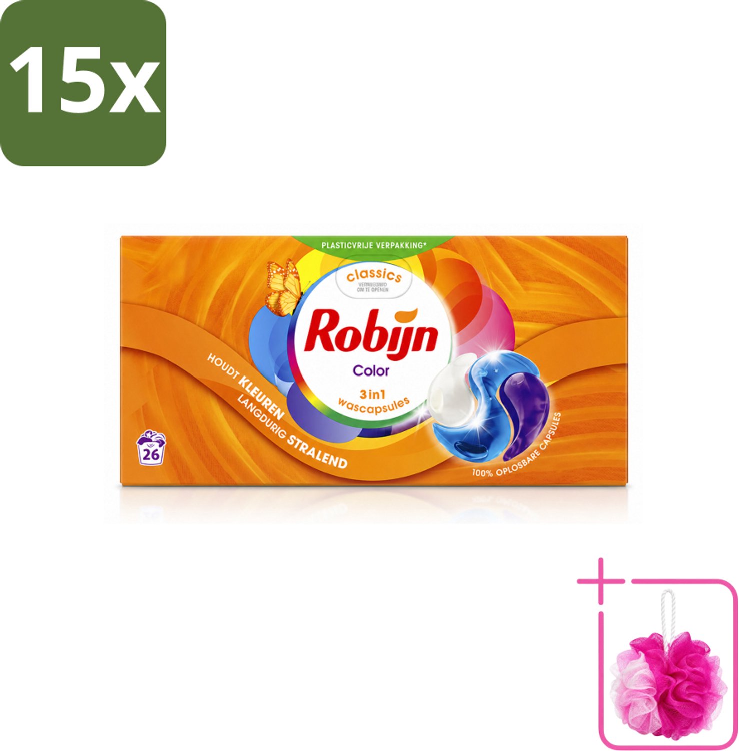 15 x Robijn – 3-in-1 Wascapsules – Color - 26 Capsules - Bulkverpakking - Kleurverzorging - Douchemop - Wascapsules