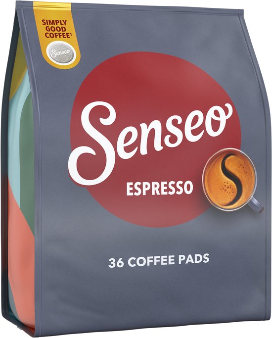 Schuine aanzicht van een grijze Senseo Espresso verpakking met rood logo, kopje koffie en tekst '36 coffee pads'.