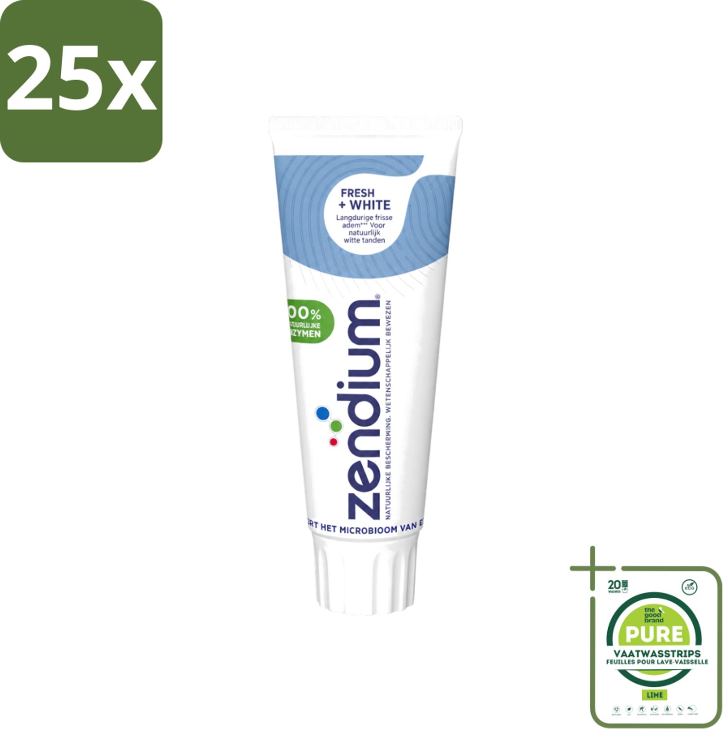 25 x Zendium - Tandpasta - Fresh+ White - 75 ml - Grootverpakking - Vaatwasstrips - Tandpasta - Frisse Adem - Witte Tanden - Enzymen - Fluoride