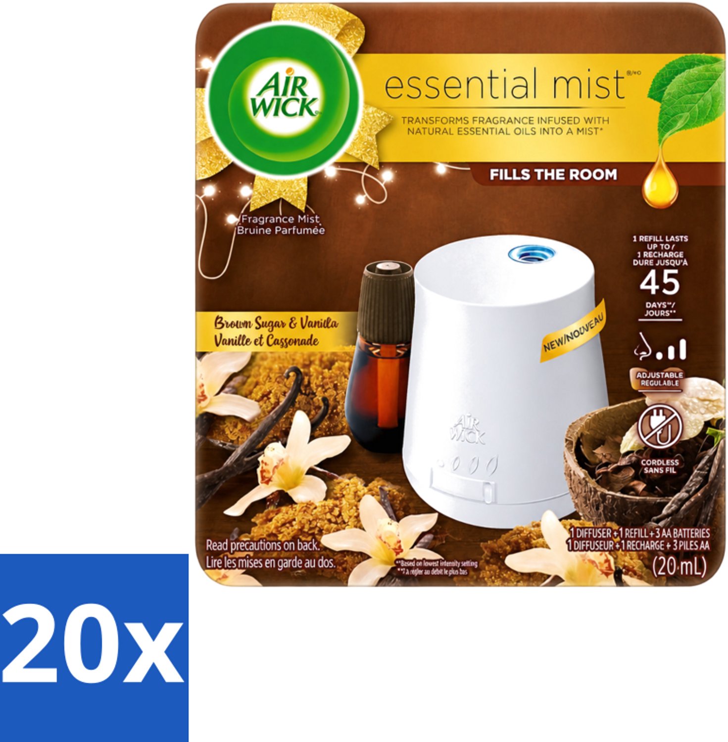20 x Air Wick Essential Mist - Elektrische Geurverspreider - Starterkit - Vanille & Bruine Suiker - 20ml - Voordeelverpakking - 20 stuks