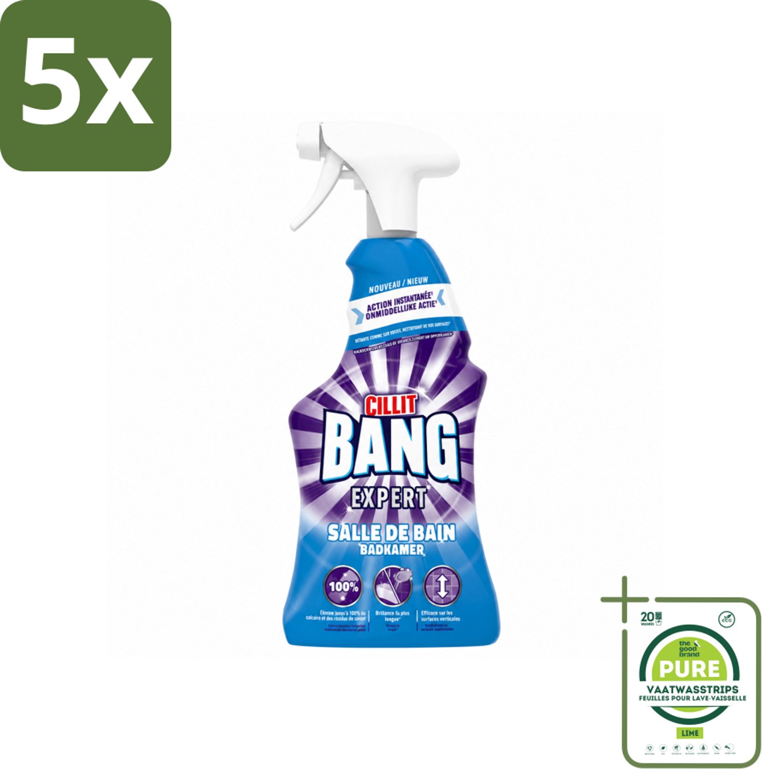 5 x Cillit Bang – Schoonmaakspray – Badkamerreiniger – 750 ml - Grootverpakking - Vaatwasstrips - Badkamerreiniger Spray - Anti-kalk Badkamerspray - Badkamer Reinigen - Kalk Verwijderen - Zeepresten Verwijderen