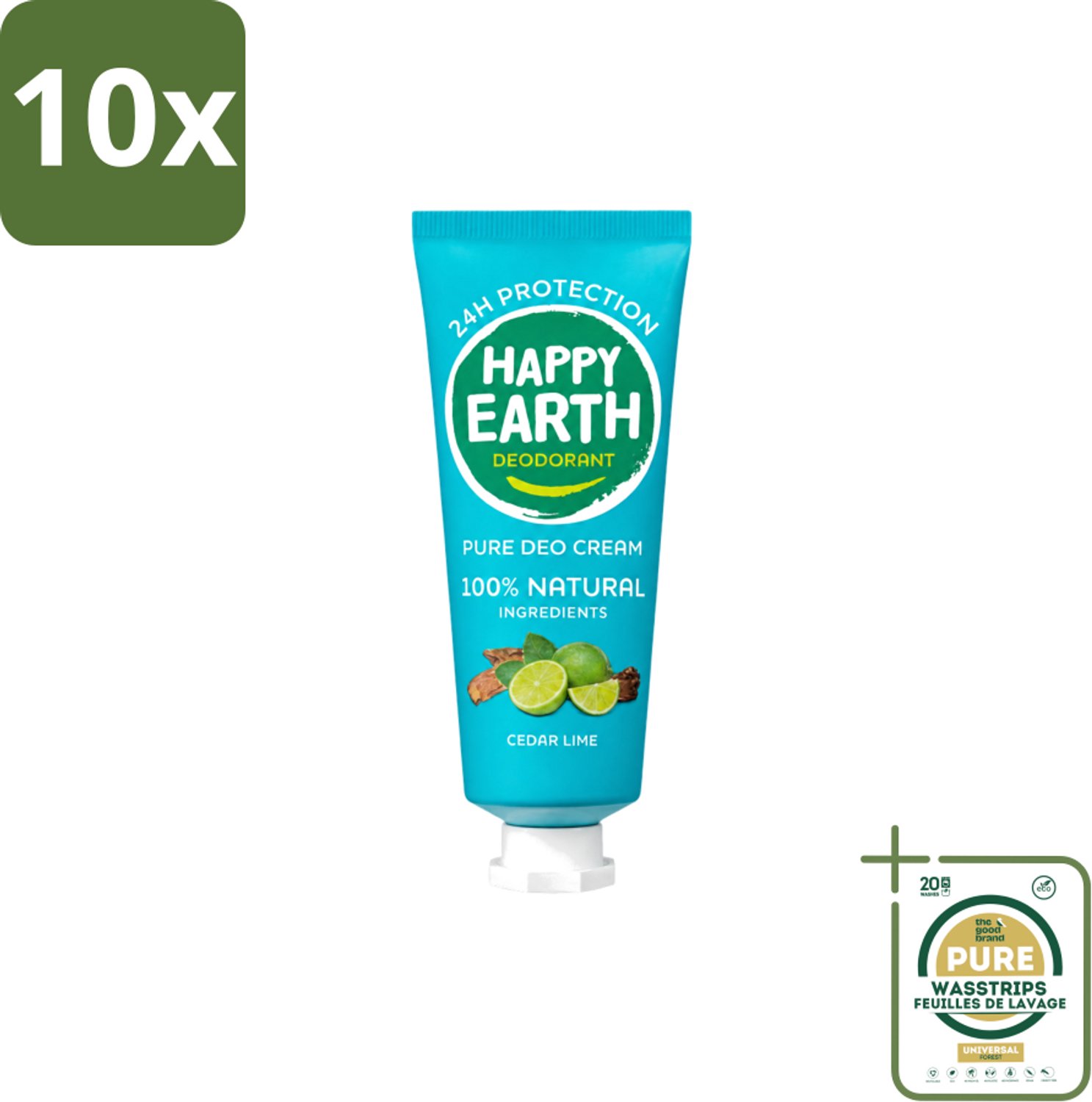 10 x Happy Earth – Deodorant Cream – 100% Natuurlijk Cedar Lime – 40 ml - Wasstrips - 100% Natuurlijk Deodorant - Natuurlijke Deodorant Crème - Deodorant Crème Ceder Lime - Fris Deodorant - Huidvriendelijk Deodorant