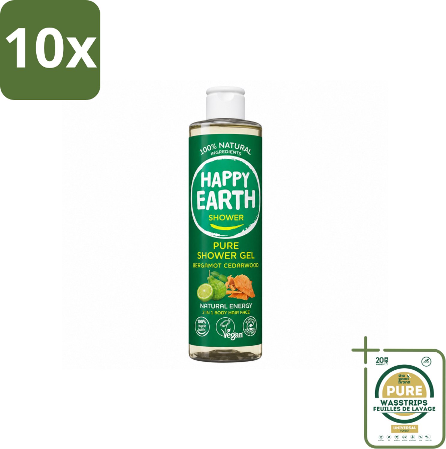 10 x Happy Earth – Douchegel – 100% Natuurlijk Bergamot Cedarwood – 300 ml - Wasstrips - Douchegel Bergamot Cederhout - Natuurlijke Douchegel - Vegan Douchegel - Dierproefvrije Douchegel - Biologische Douchegel