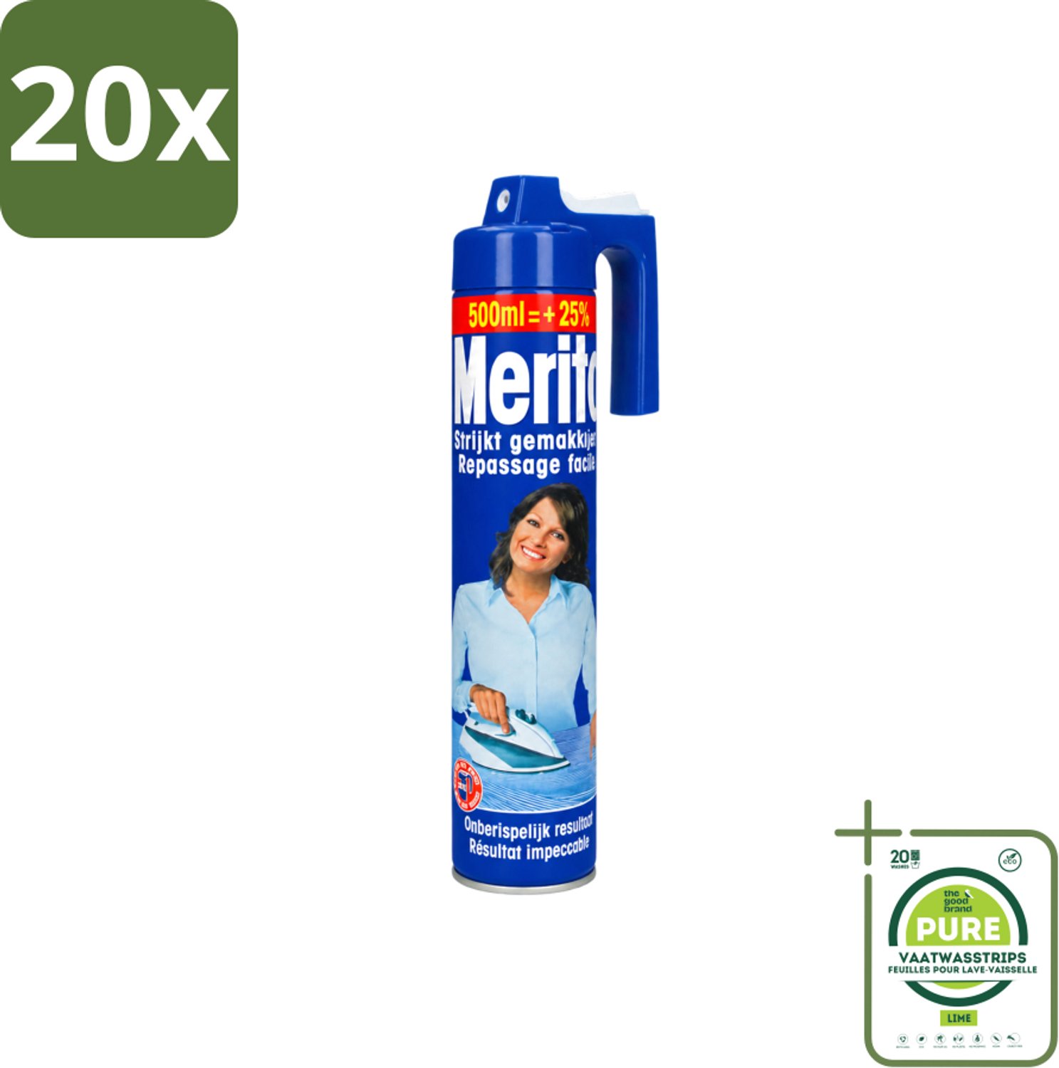 20 x Merito - Strijkspray - 500 ml - Grootverpakking - Vaatwasstrips - Strijkspray - Linnen Strijken - Kleuren Herstellen - Strijken Makkelijker - Frisse Geur