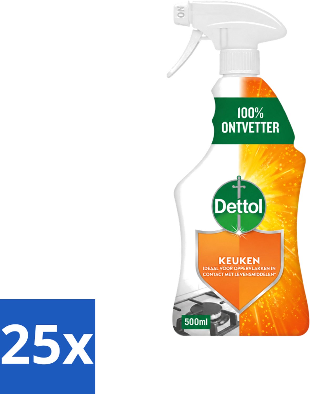 25 x Dettol - Allesreiniger - Spray - Power Keuken - 100% Ontvetter - 500ml - Voordeelverpakking - 25 stuks