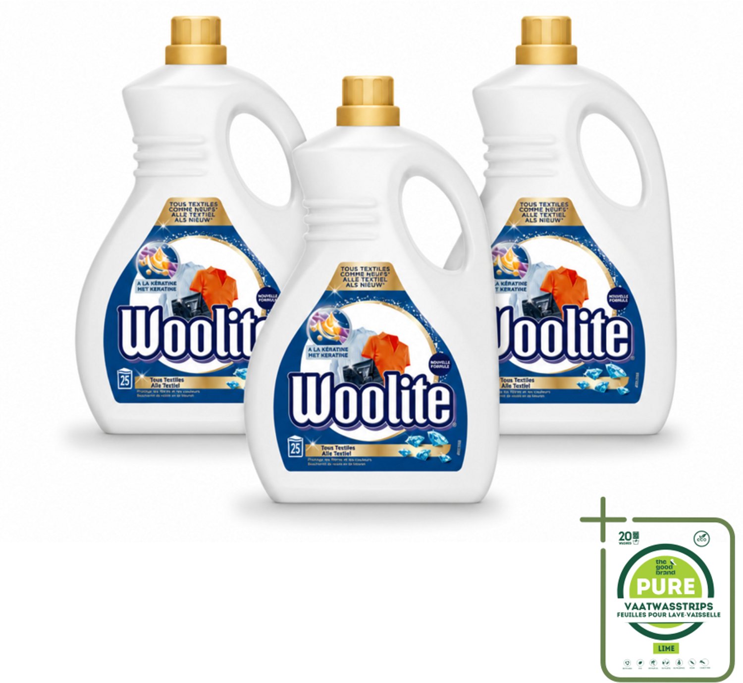 3 x Woolite - Wasmiddel - Vloeibaar Wasmiddel - Alle textiel - 25wb/1,5L - Grootverpakking - Vaatwasstrips - Wasmiddel Voor Textiel - Keratine Wasmiddel - Textiel Verzorging - Pluisvermindering - Wasmiddel Voor Jeans