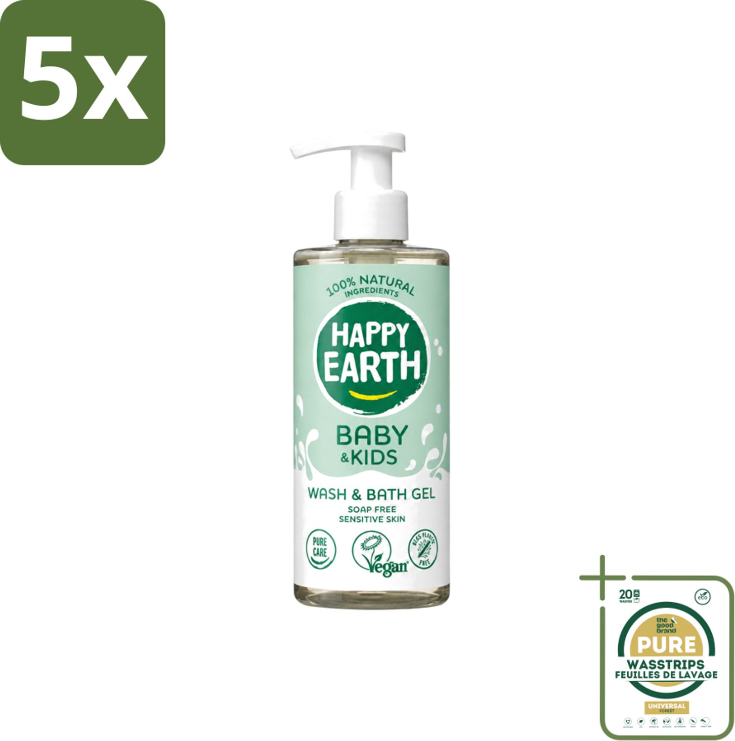 5 x Happy Earth – Was & Badgel – Zeepvrij Baby & Kids – 300 ml - Wasstrips - Babywasgel - Zeepvrij Babywasgel - Huidverzorging - Mild Wasgel - Allergeenvrije Wasgel