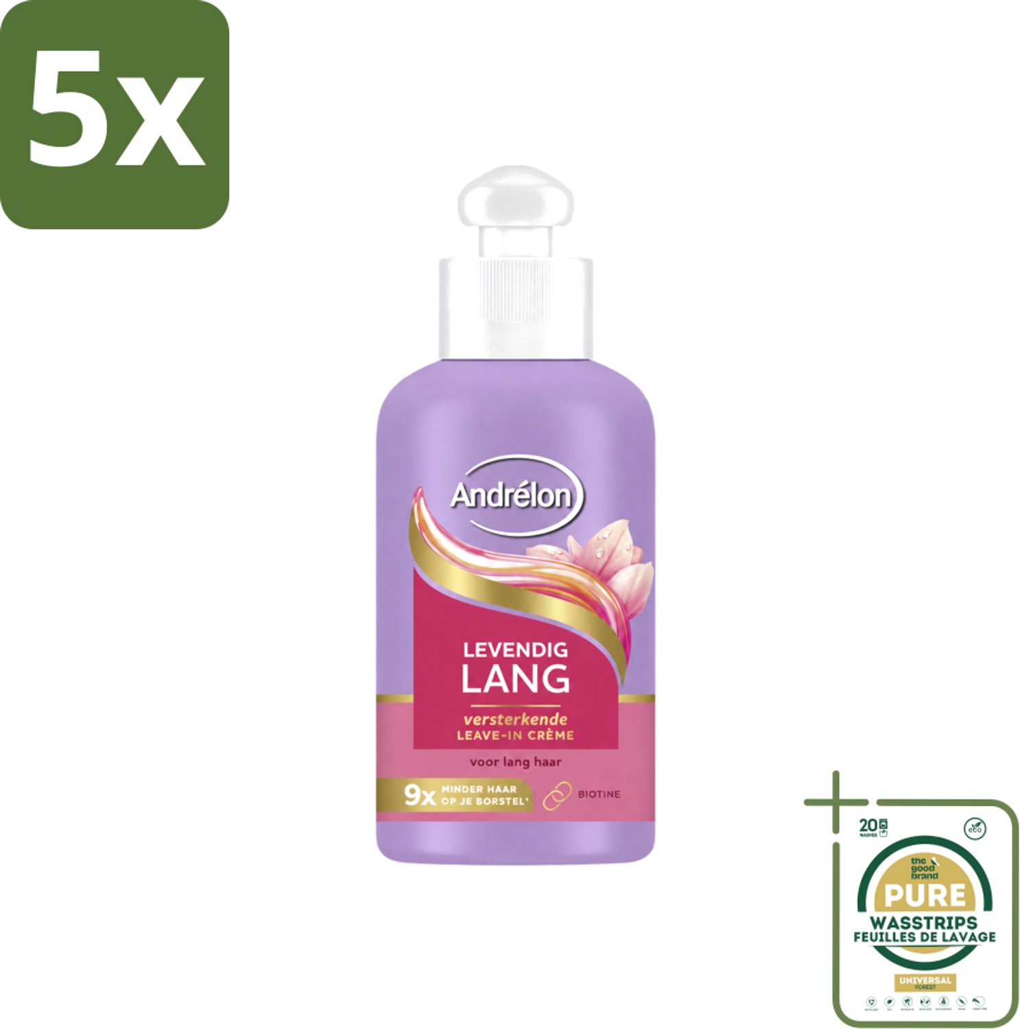 5 x Andrélon – Leave-In Crème – Levendig Lang – 200 ml - Wasstrips - Haarbescherming - Haarversterking - Haarbreuk - Biotine - Lang Haar