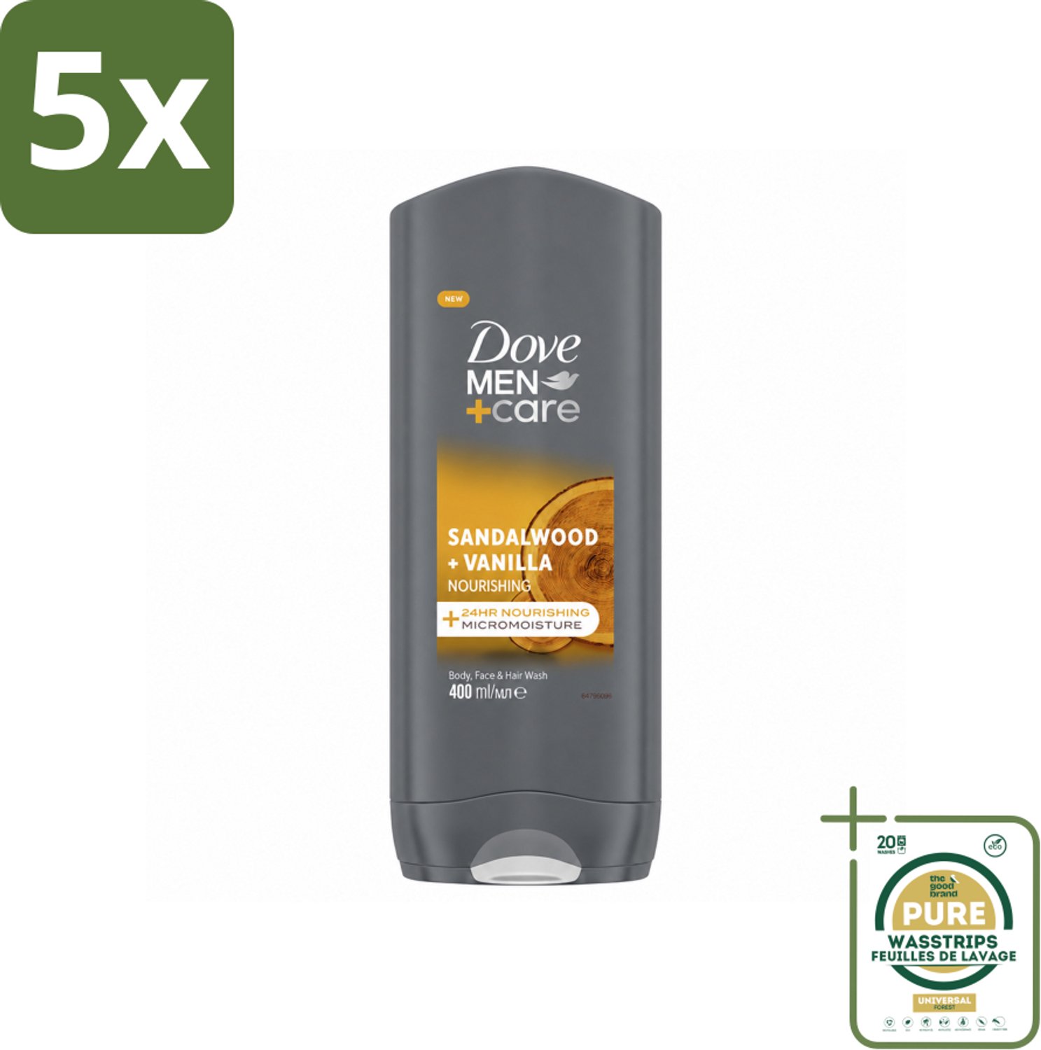 5 x Dove – Douchegel – Men+Care Sandalwood & Vanilla – 400 ml - Wasstrips - Douchegel Mannen - Mannelijke Huid Verzorging - Hydraatende Douchegel - Douchegel Voor Mannen - Huid Verzorging Mannen