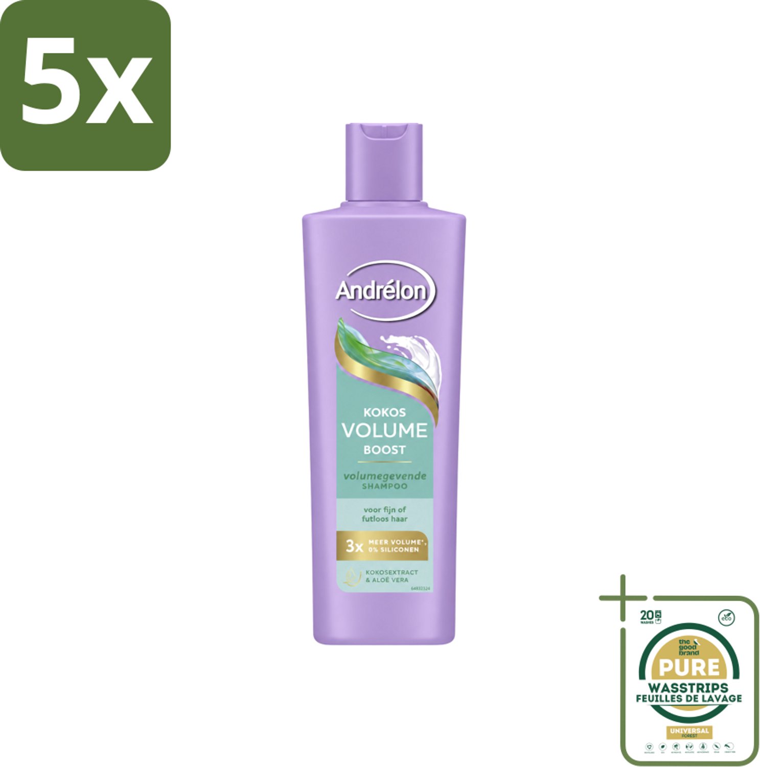 5 x Andrélon – Shampoo – Volume Boost – 250 ml - Wasstrips - Haar Volume - Volume Shampoo - Kokos Shampoo - Aloë Vera Shampoo - Fijn Haar