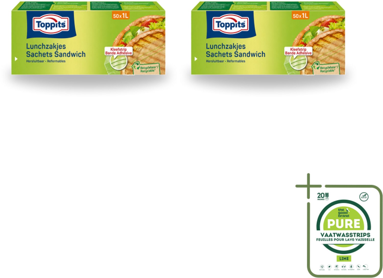 2 x Toppits – Lunchzakjes – Hersluitbaar – 1 Liter – 50 Zakjes - Grootverpakking - Vaatwasstrips - Sandwichzakjes - Lunchzakjes - Snacks - Broodjes - Fruit