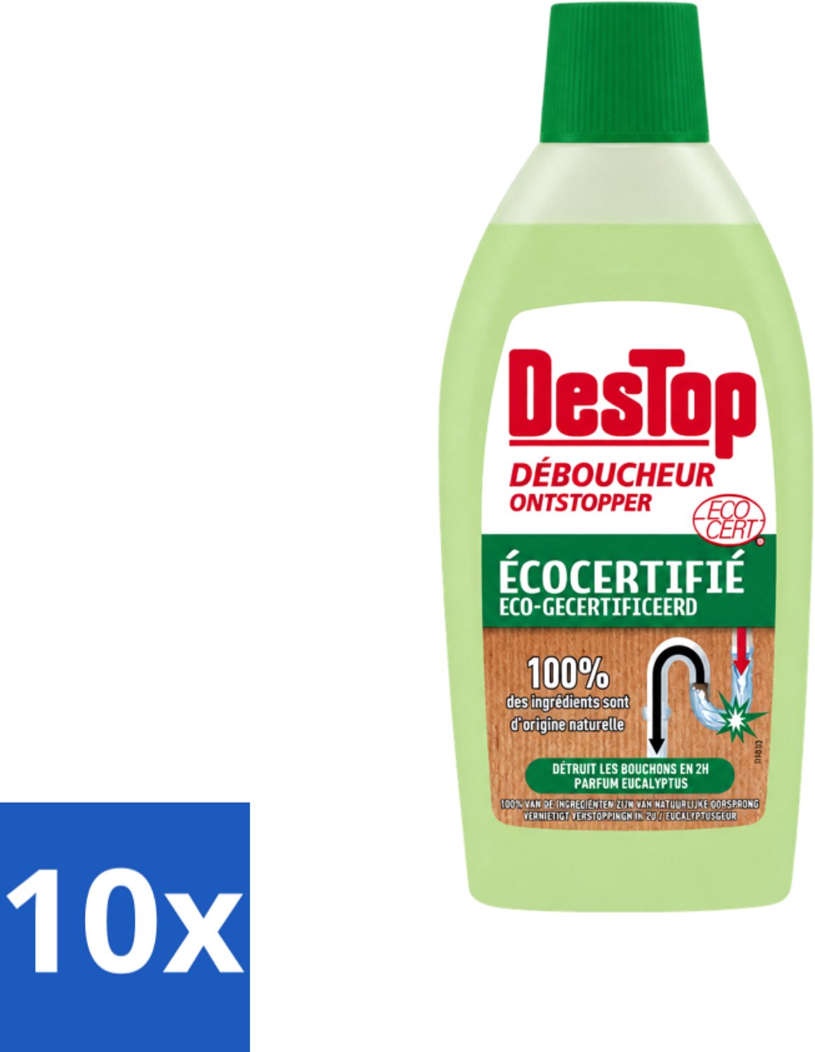 10 x DesTop - Onderhoud & Ontstop Leidingen - Biologische Ontstopper - Natuurlijke Ingrediënten - Eucalyptusgeur - 500 ml - Voordeelverpakking - 10 stuks