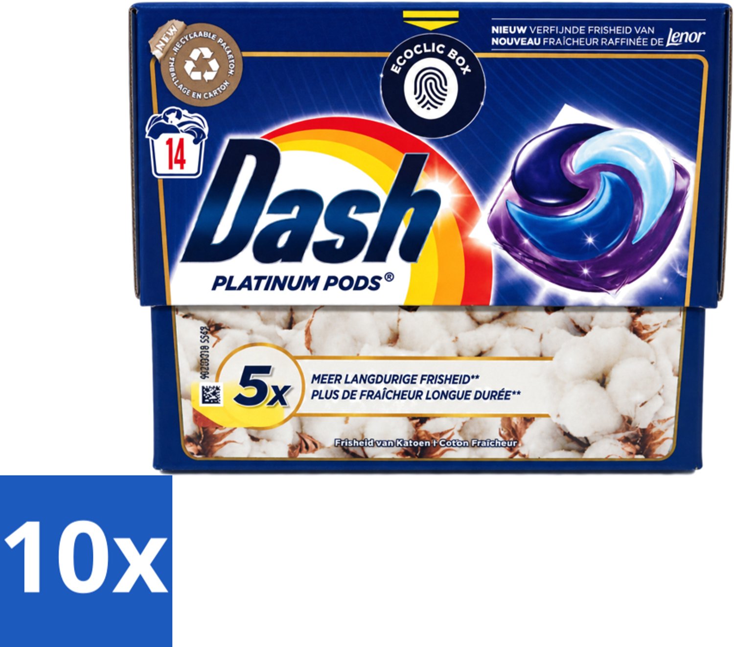 10 x Dash Platinum - Wasmiddel Capsules - Witte en Gekleurde Was - Frisheid van Katoen - 14 Wasbeurten - Voordeelverpakking - 10 stuks