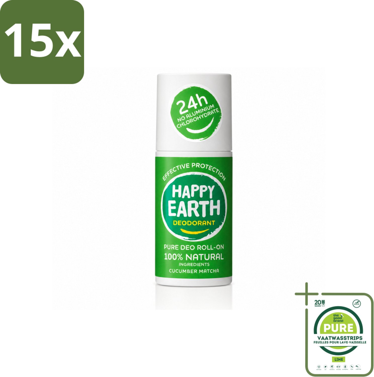 15 x Happy Earth – Deodorant Roll-On – 100% Natuurlijk Cucumber Matcha – 75 ml - Grootverpakking - Vaatwasstrips - Deodorant - Fris - Natuurlijk - Huidvriendelijk - Komkommer