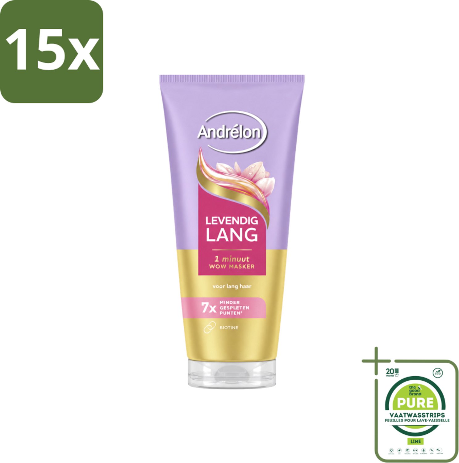 15 x Andrélon – Haarmasker WOW – Levendig Lang – 180 ml - Grootverpakking - Vaatwasstrips - Haarmasker - Lang Haar - Gespleten Punten - Haarversterking - Biotine