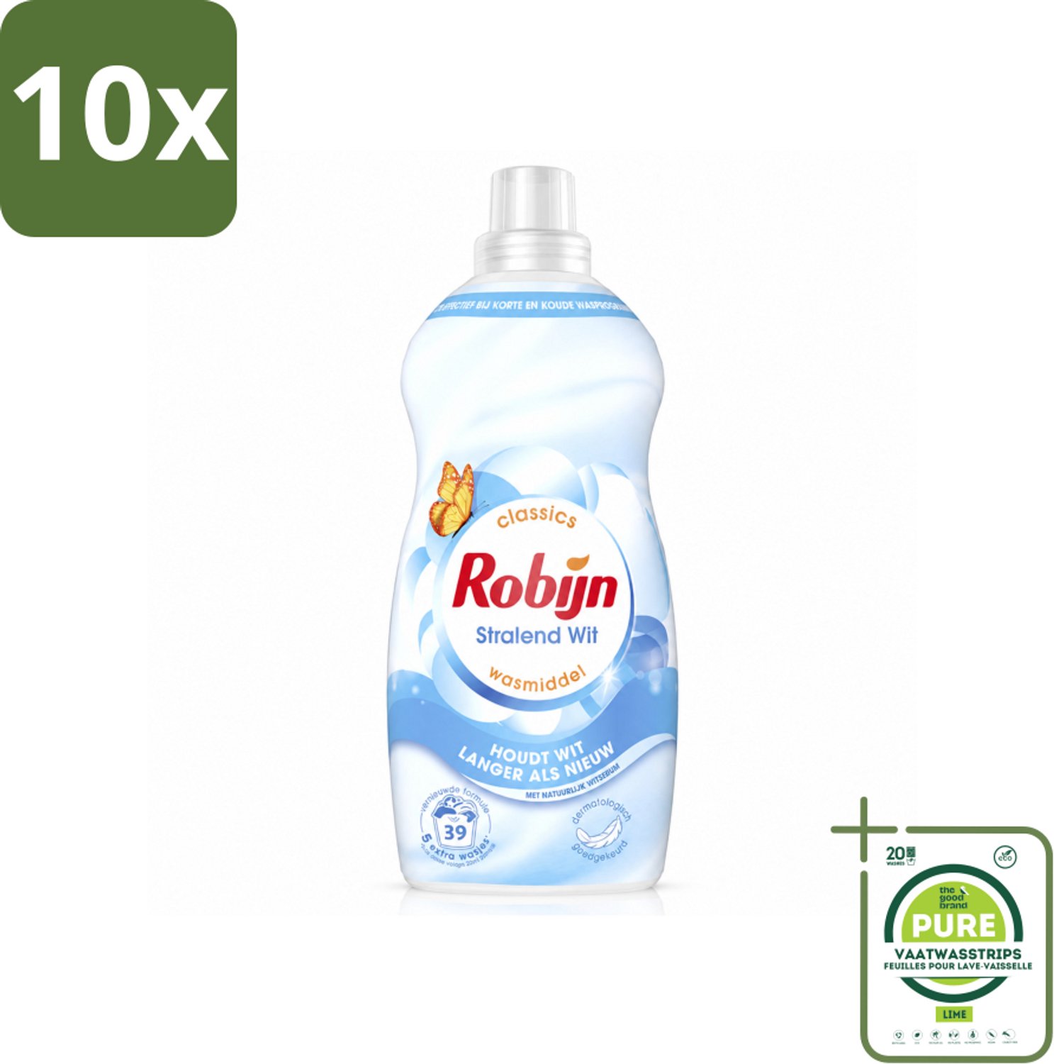 10 x Robijn – Vloeibaar Wasmiddel – Klein & Krachtig Stralend Wit – 1,19 L - Grootverpakking - Vaatwasstrips - Wit Wasmiddel - Wit En Licht Was - Wasmiddel Voor Wit - Wasmiddel Tegen Waas - Wasmiddel Tegen Vergeling