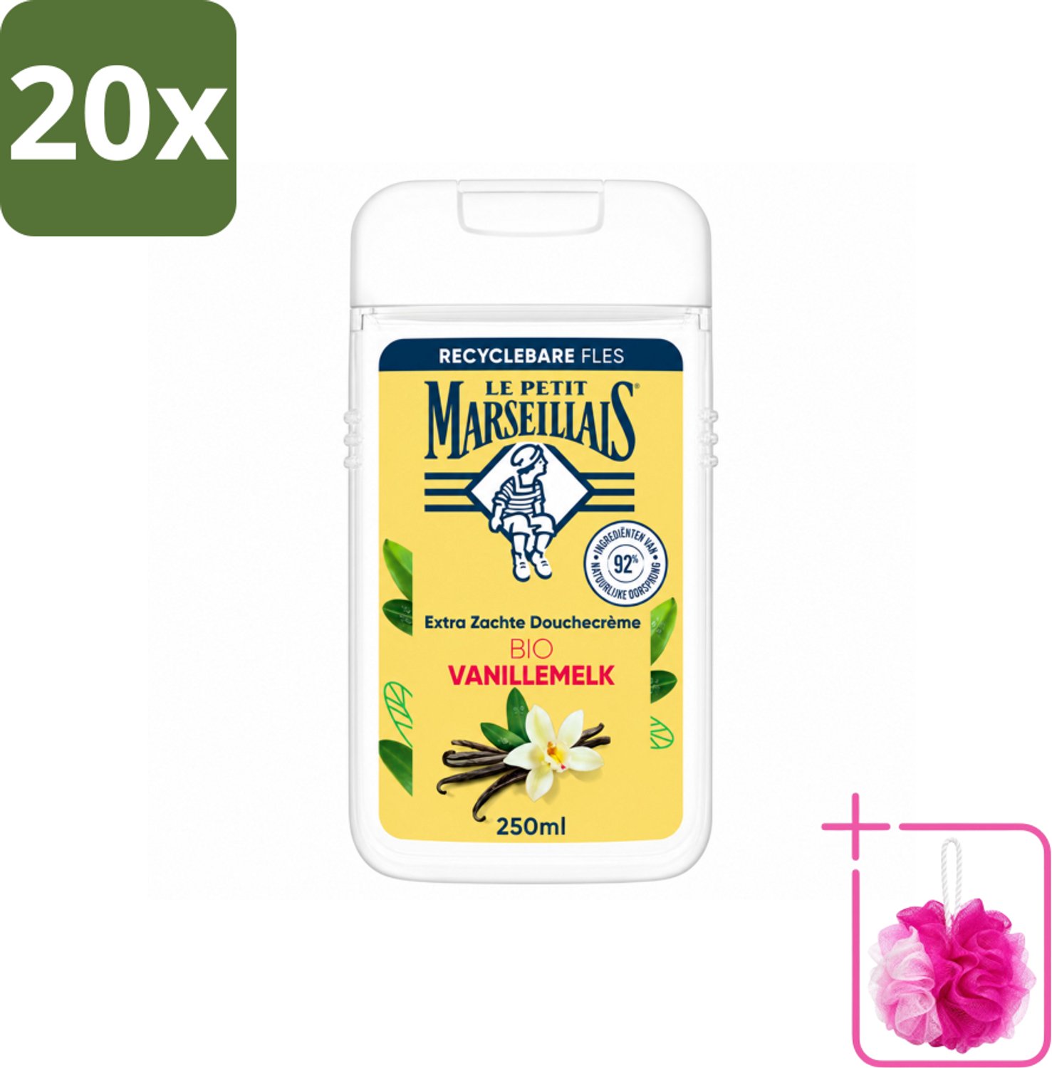 20 x Le Petit Marseillais – Douchecrème – Lait de Vanille Bio – Extra zacht – 250 ml - Bulkverpakking - Douchecrème - Douchemop - Vanille
