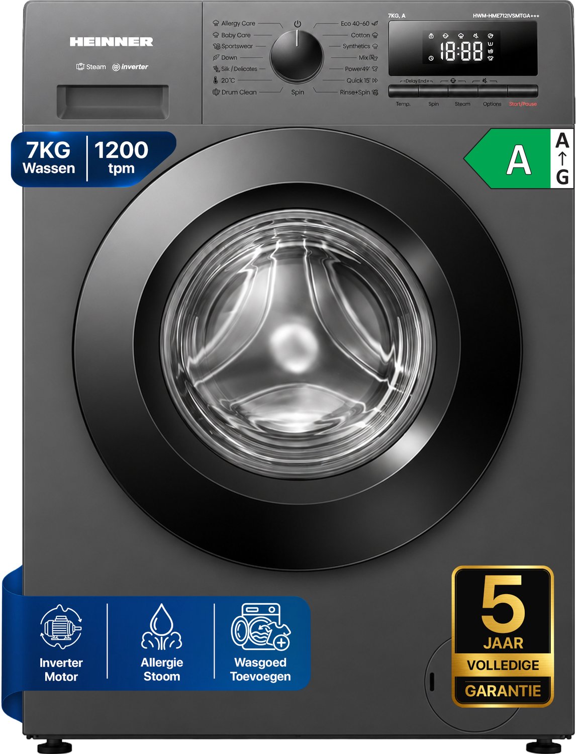 Heinner HWM-HME712IVSMTGA+++ Wasmachine – 7 kg – 1200 tpm – Energieklasse A – Inverter Motor – 15 Programma’s – Stoomprogramma’s – 15 Min Snelprogramma – Digitaal Display – Kinderslot – Titaniumgrijs
