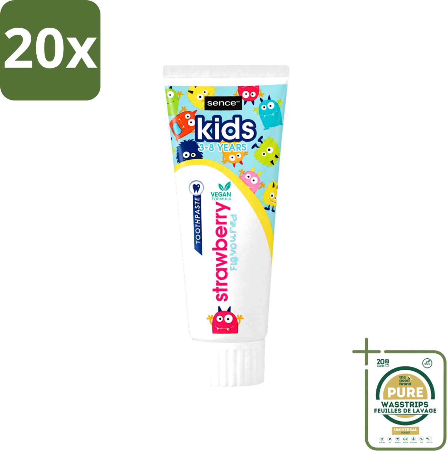 20 x Sence - Kids 3-8 Jaar - Tandpasta - Aardbei Smaak - Vegan - 75 ml - Wasstrips - Tandpasta Voor Kinderen - Kindertandpasta - Aardbei Tandpasta - Vegan Tandpasta - Tandenpoetsen Voor Kinderen