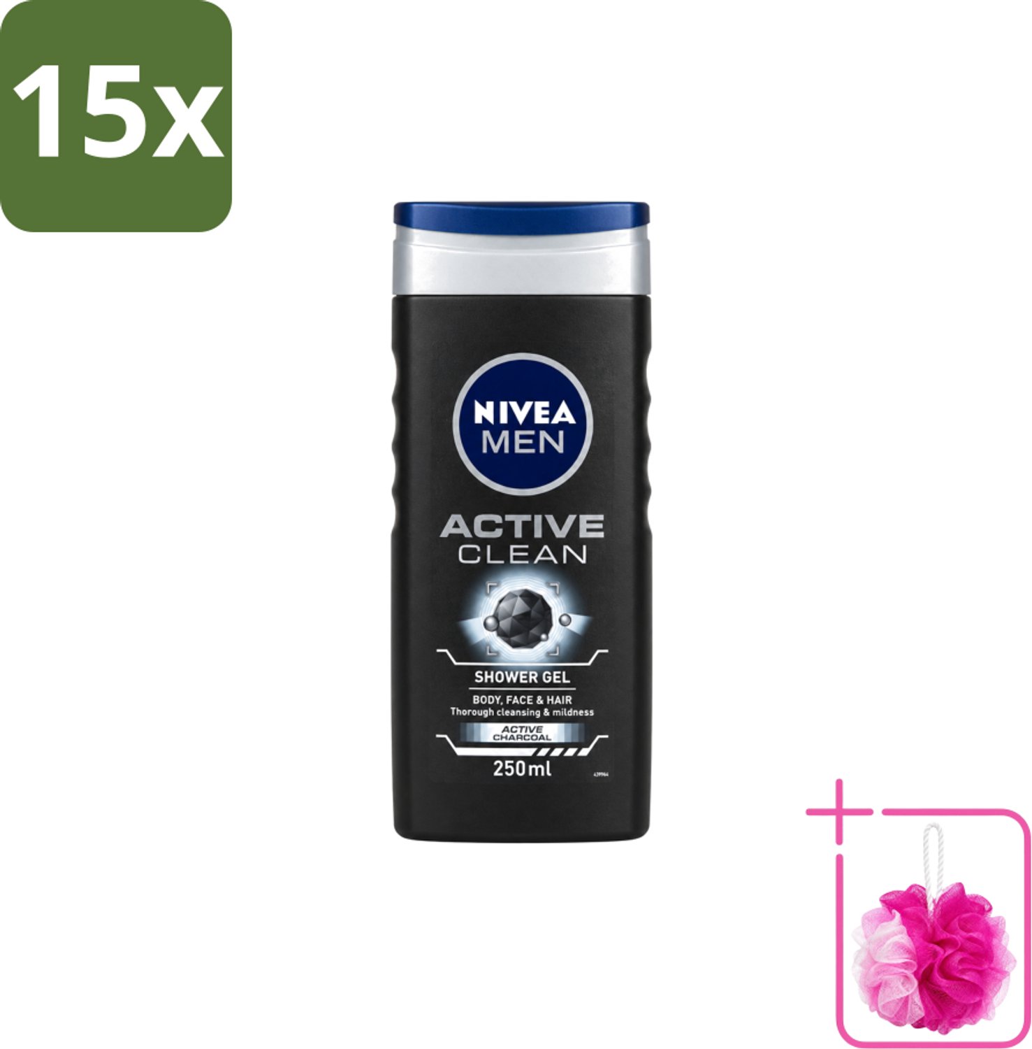 15 x Nivea Men – Douchegel – Active Clean – 250 ml - Bulkverpakking - Douchegel mannen - Douchemop - Reiniging huid