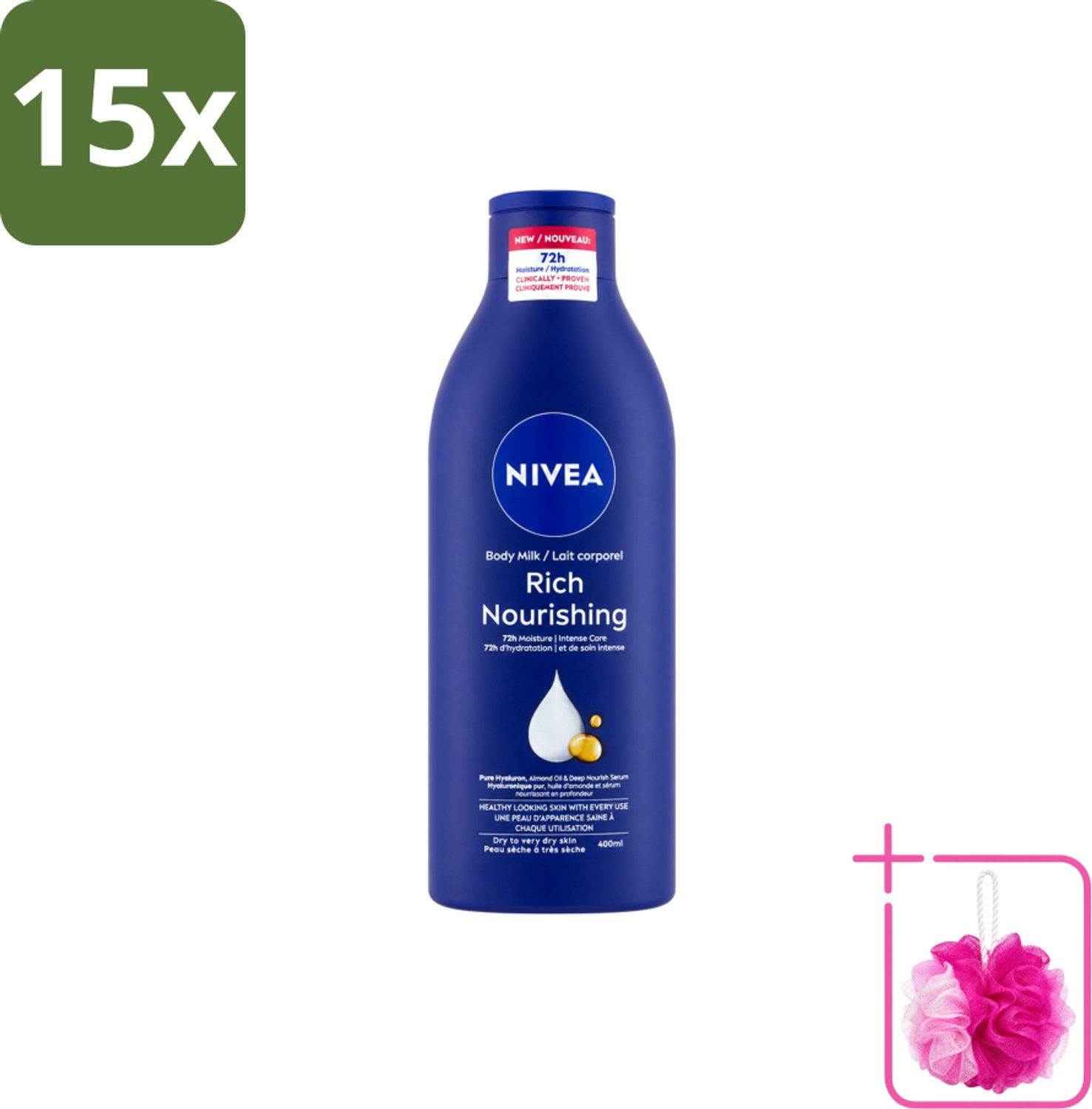 15 x Nivea – Bodylotion – Voor Droge Huid – 400 ml - Bulkverpakking - Lichaamsoil - Douchemop - Lichaamsoil voor droge huid