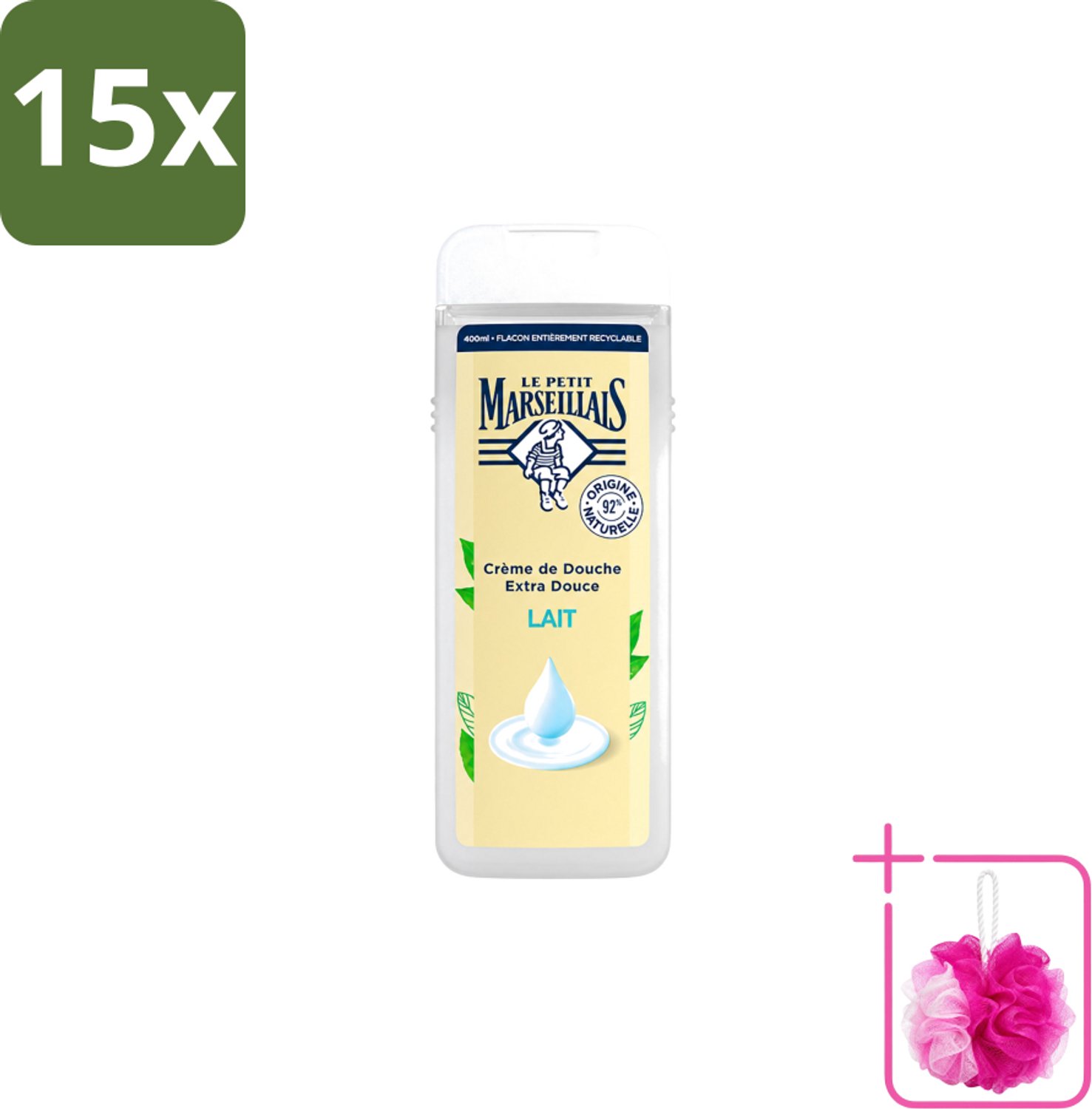 15 x Le Petit Marseillais – Douchecrème – Lait – 400 ml - Bulkverpakking - Douchecrème - Douchemop - Huid verzorging