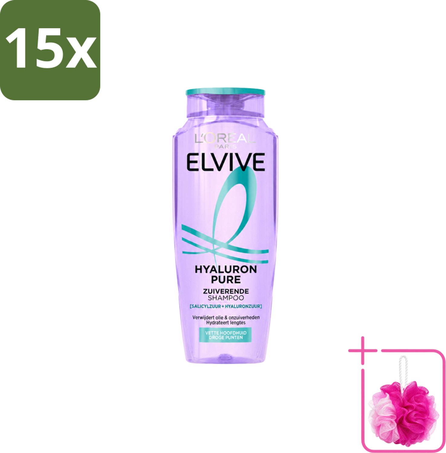 15 x L’Oréal Paris Elvive – Shampoo – Hyaluron Pure – Zuiverend – 250 ml - Bulkverpakking - Zuiverende shampoo - Douchemop - Hyaluronzuur shampoo