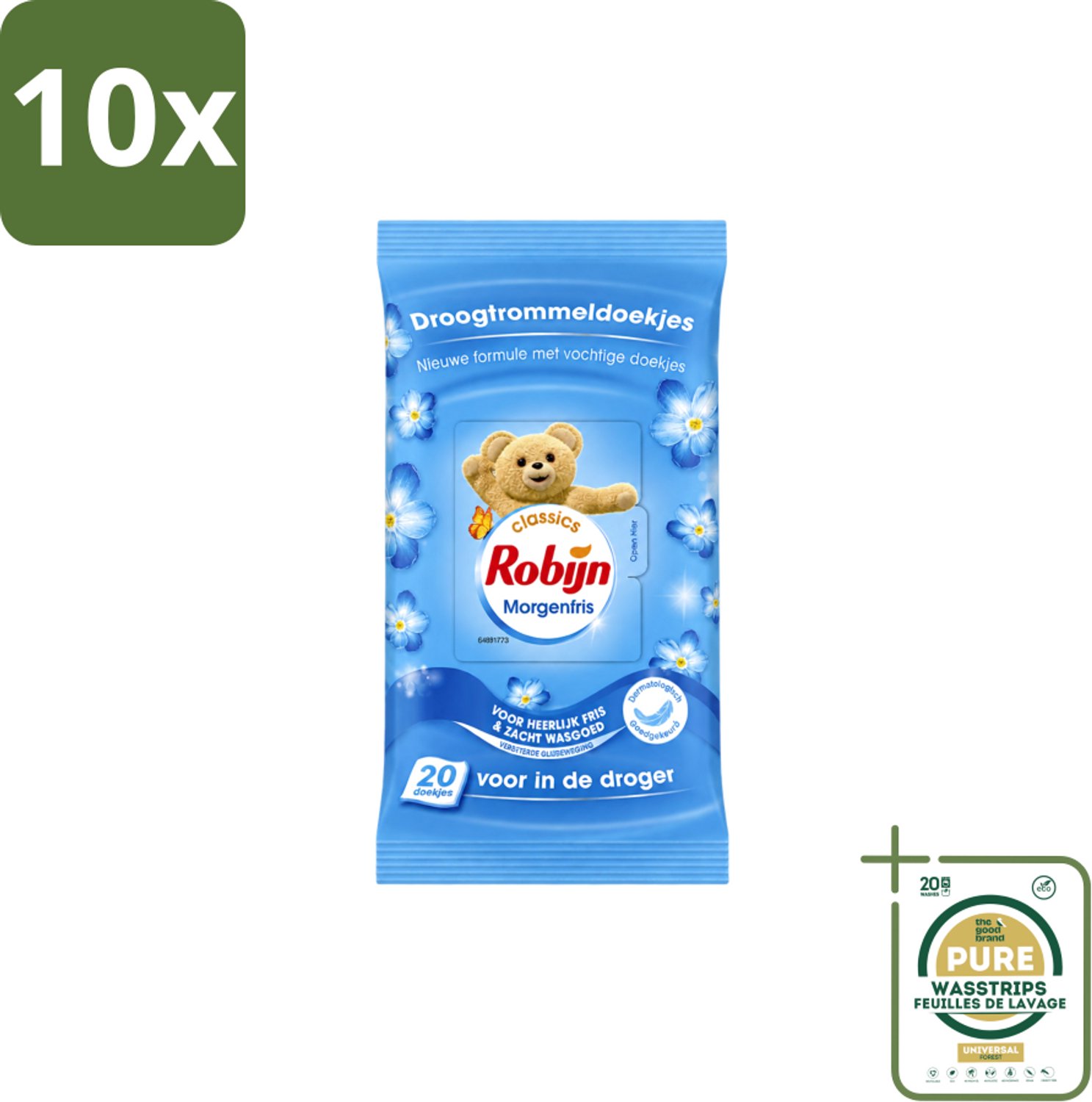 10 x Robijn – Droogtrommeldoekjes – Morgenfris - 20 Doekjes - Wasstrips - Droogtrommeldoekjes - Wasgoed Drogen - Frisheid Droger - Wasgoed Verzorgen - Kleding Beschermen