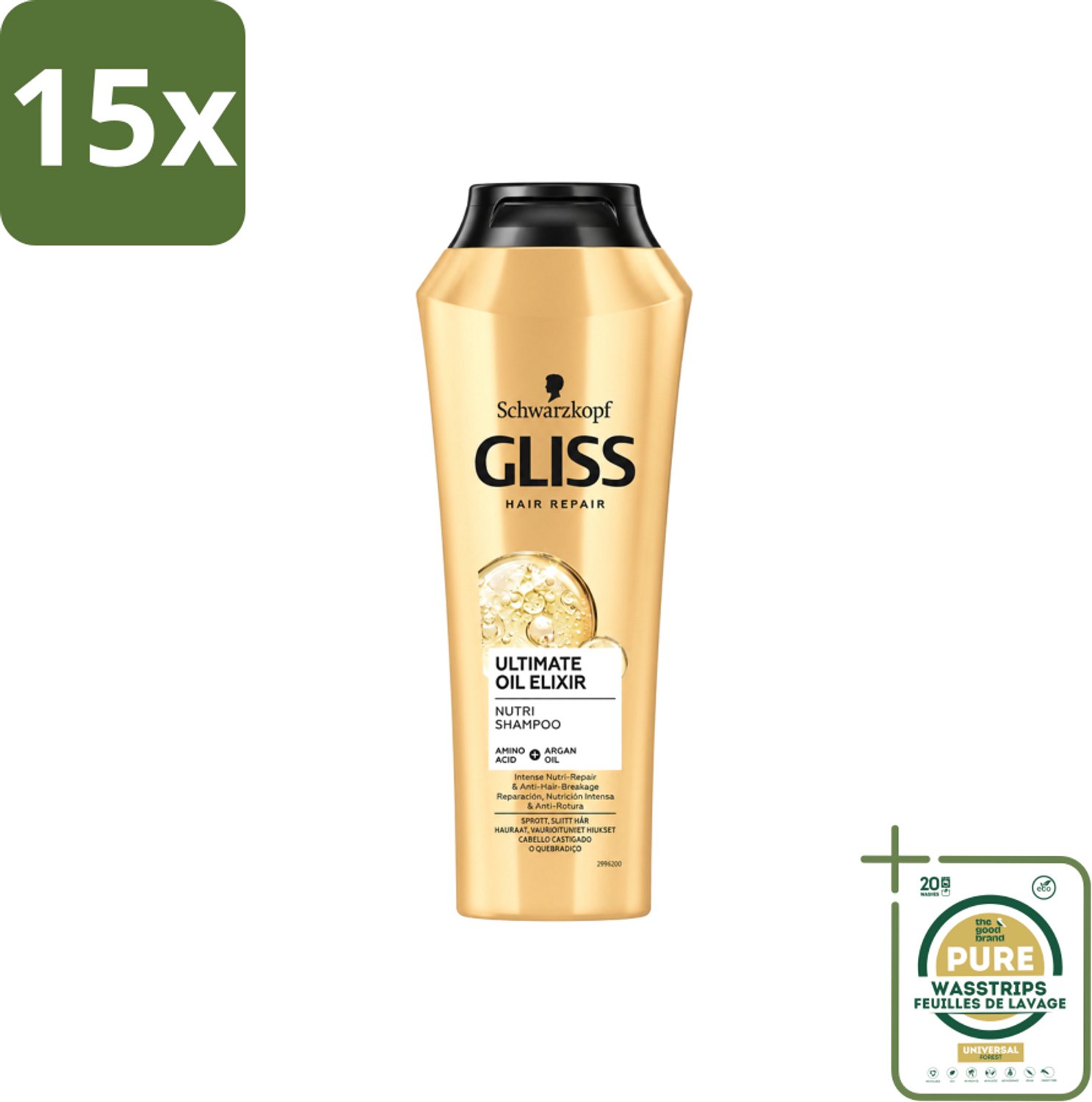 15 x Gliss Kur – Shampoo – Ultimate Oil Elixir – 250 ml - Wasstrips - Droog Haar - Beschadigd Haar - Haar Herstel - Haar Voeding - Haar Glans