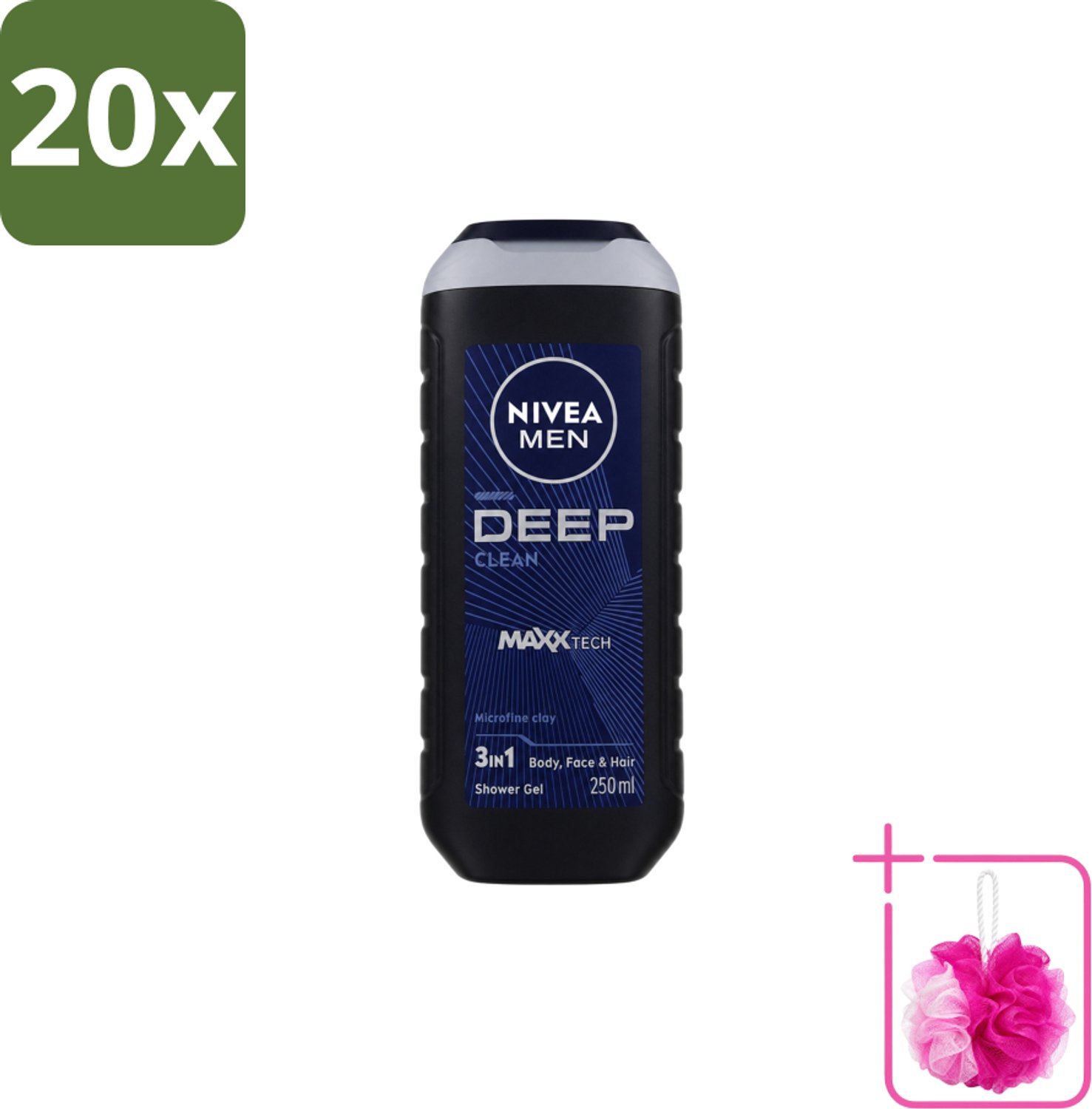 20 x Nivea Men – Douchegel – Deep Clean – 250 ml - Bulkverpakking - Douchegel - Douchemop - Diepe reiniging