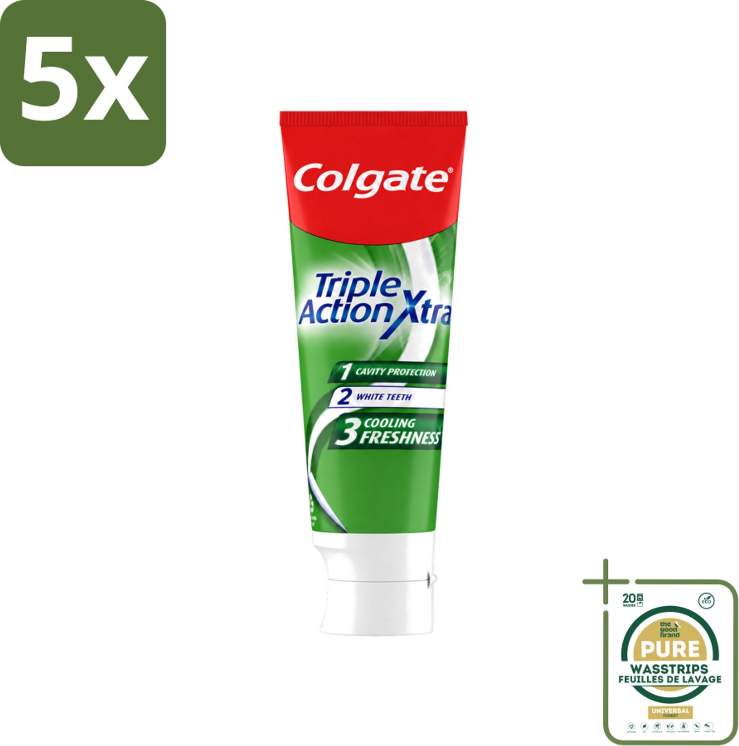 5 x Colgate - Triple Action - Xtra Fresh - Tandpasta - 75ml - Wasstrips - Tandpasta - Gaatjes - Tanden - Frisse Adem - Witte Tanden