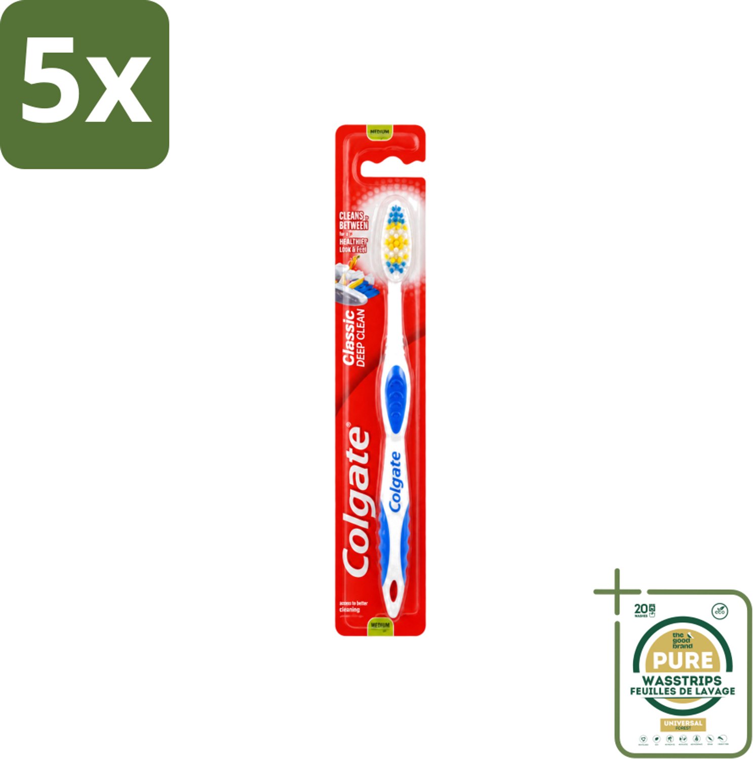 5 x Colgate - Tandenborstel - Classic Deep Clean Medium - 1 Tandenborstel - Wasstrips - Tandenborstel - Mondgezondheid - Tandenborstel Reiniging - Tandplak Verwijderen - Etensresten Verwijderen