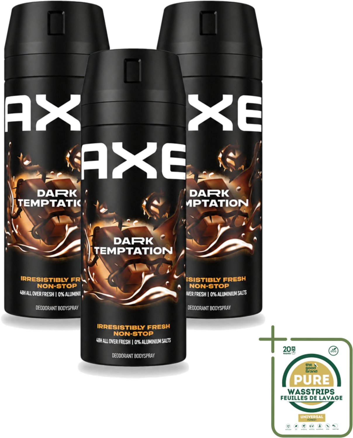 3 x Axe - Deodorant Bodyspray - 48hrs Non Stop Fresh - Dark Temptation - Dark Chocolate - 150 ml - Wasstrips - Deodorant Bodyspray - Geurbeheersing - Donker Chocolade - Kruiden - 48 Uur Fris