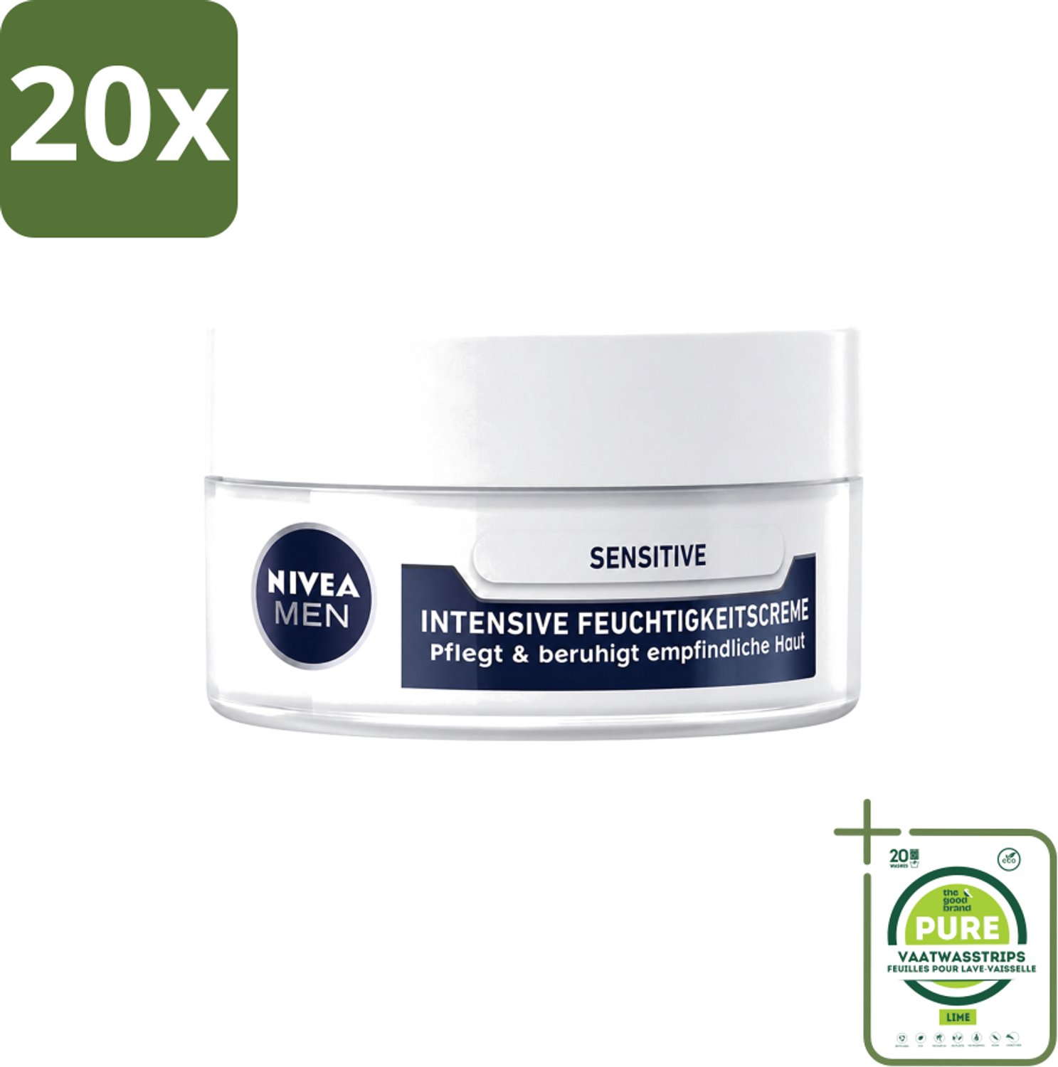 20 x Nivea Men – Gezichtscrème – Sensitive Intensive – 50 ml - Grootverpakking - Vaatwasstrips - Gevoelige Huid - Gezichtscreme - Intensieve Hydratatie - Kamille Extract - Toverhazelaar