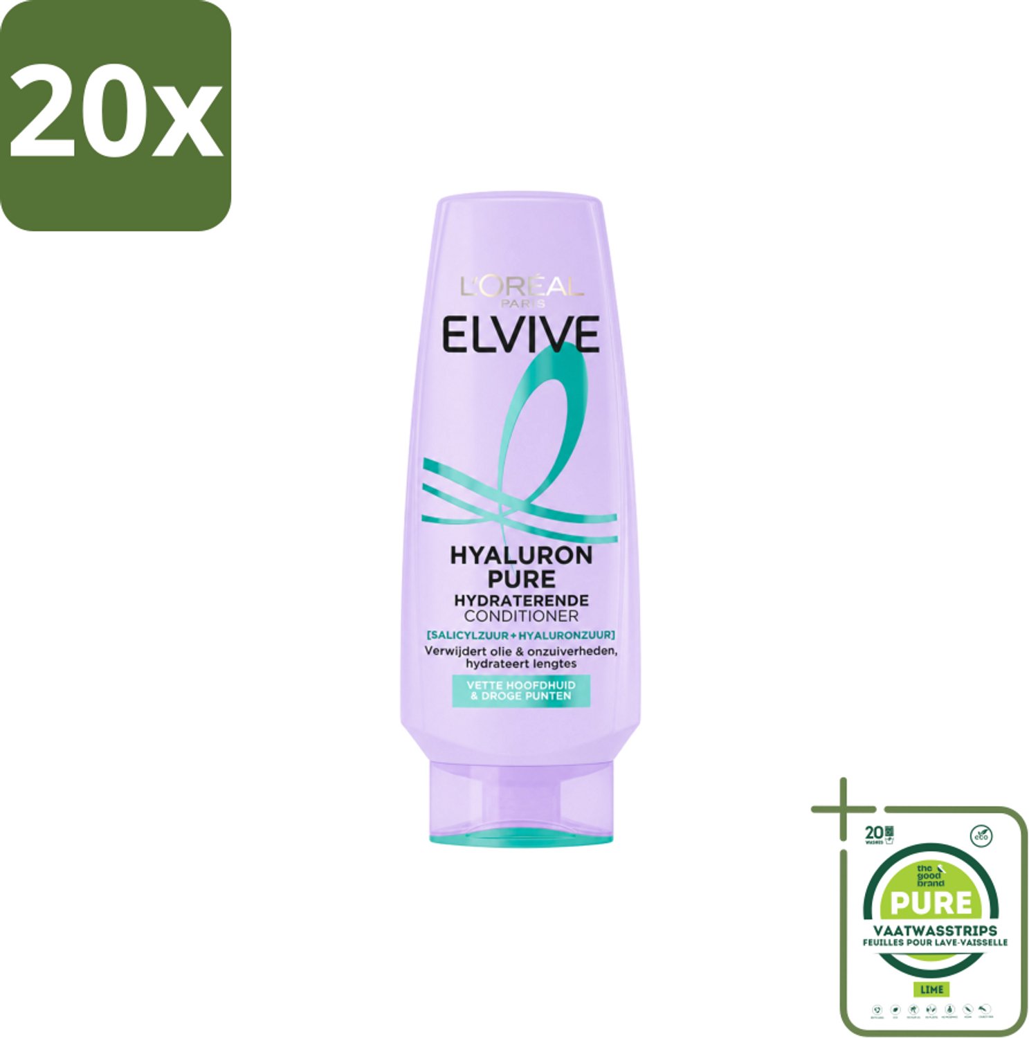 20 x L’Oréal Paris Elvive – Conditioner – Hyaluron Pure – Vette Hoofdhuid & Droge Punten – 200 ml - Grootverpakking - Vaatwasstrips - Hydraat - Zuiveren - Haarverzorging - Vet Haar - Droge Punten