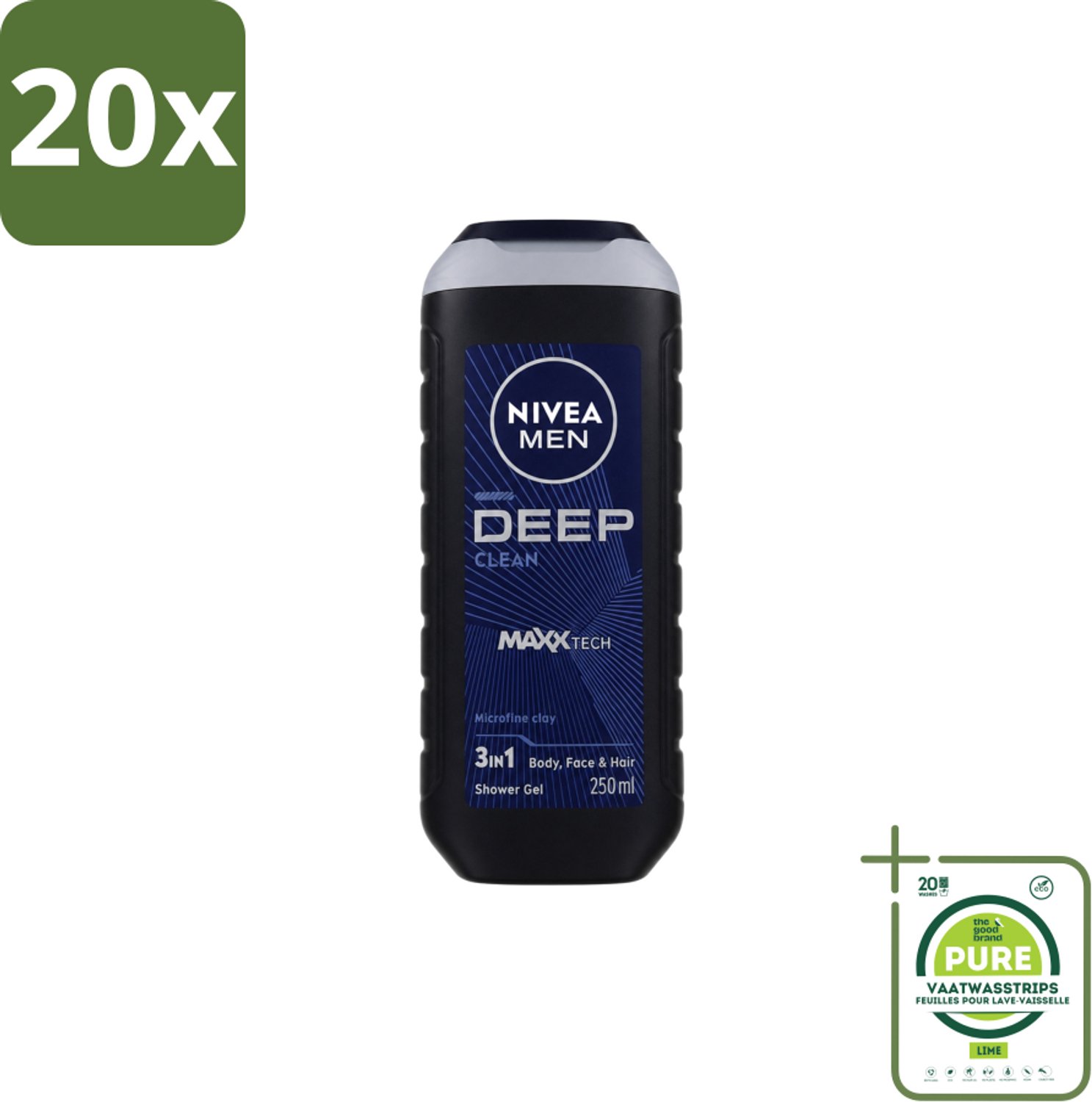 20 x Nivea Men – Douchegel – Deep Clean – 250 ml - Grootverpakking - Vaatwasstrips - Douchegel - Diepe Reiniging - Microfijne Klei - Huid Reinigen - Haar Reinigen