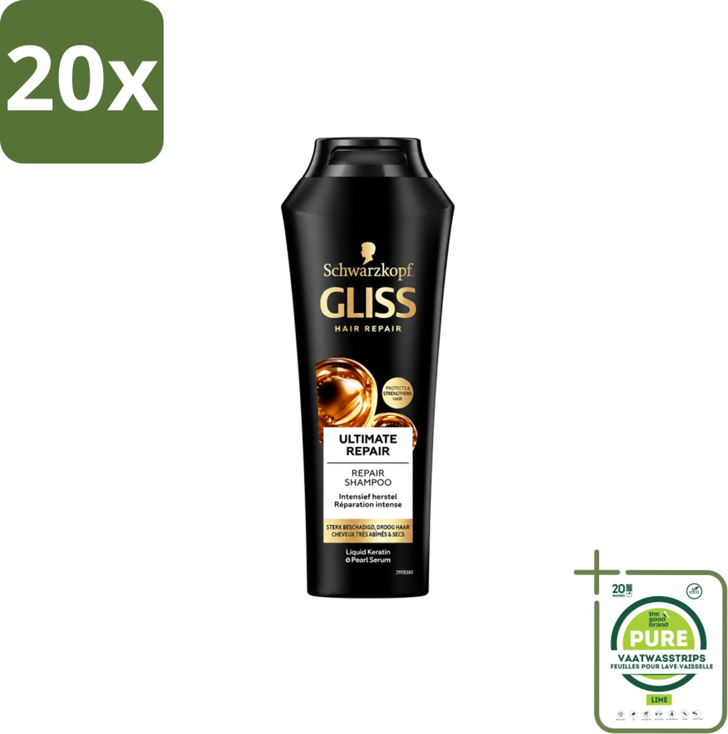 20 x Gliss Kur – Shampoo – Ultimate Repair – 250 ml - Grootverpakking - Vaatwasstrips - Herstel Haar - Beschadigd Haar - Droog Haar - Breekbaar Haar - Keratine Shampoo