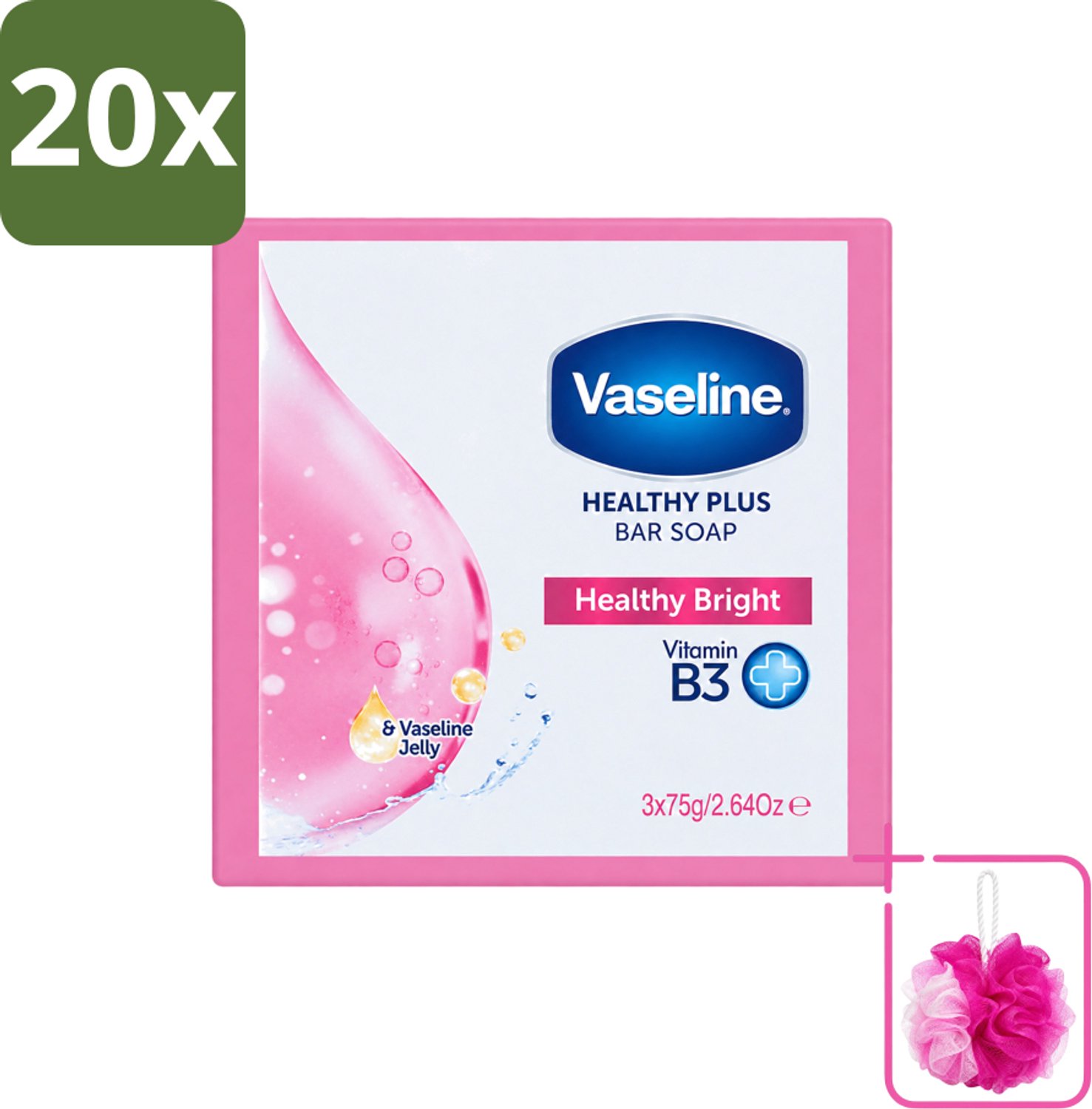 20 x Vaseline - Healthy Bright - Zeeptablet - Reinigend & Verzorgend - 3x75 ml - Bulkverpakking - Zeep - Douchemop - Huidverzorging
