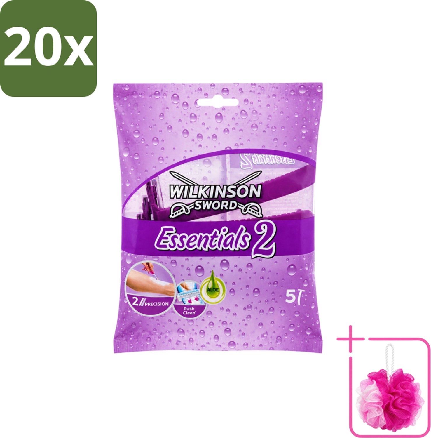 20 x Wilkinson - Wegwerpscheermesjes Essentials 2 - Voor Dames - Antislip Greep - 5 scheermesjes - Bulkverpakking - Wegwerpscheermesjes voor dames - Douchemop - Scheermesjes met antislip handgreep