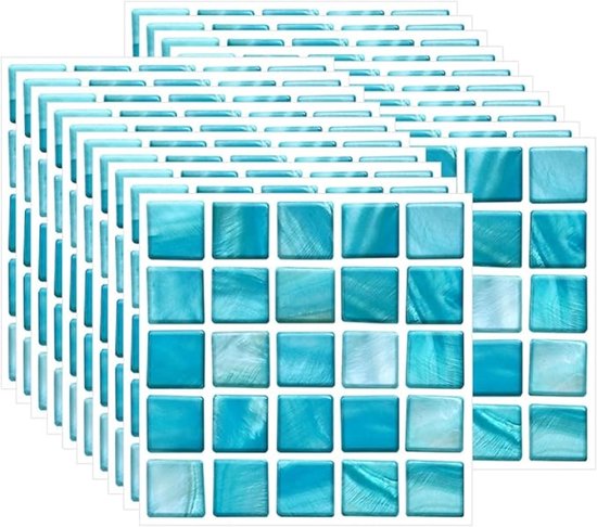 Stapel van 20 vierkante blauwe mozaïektegelstickers met een glanzende, parelmoerachtige textuur.