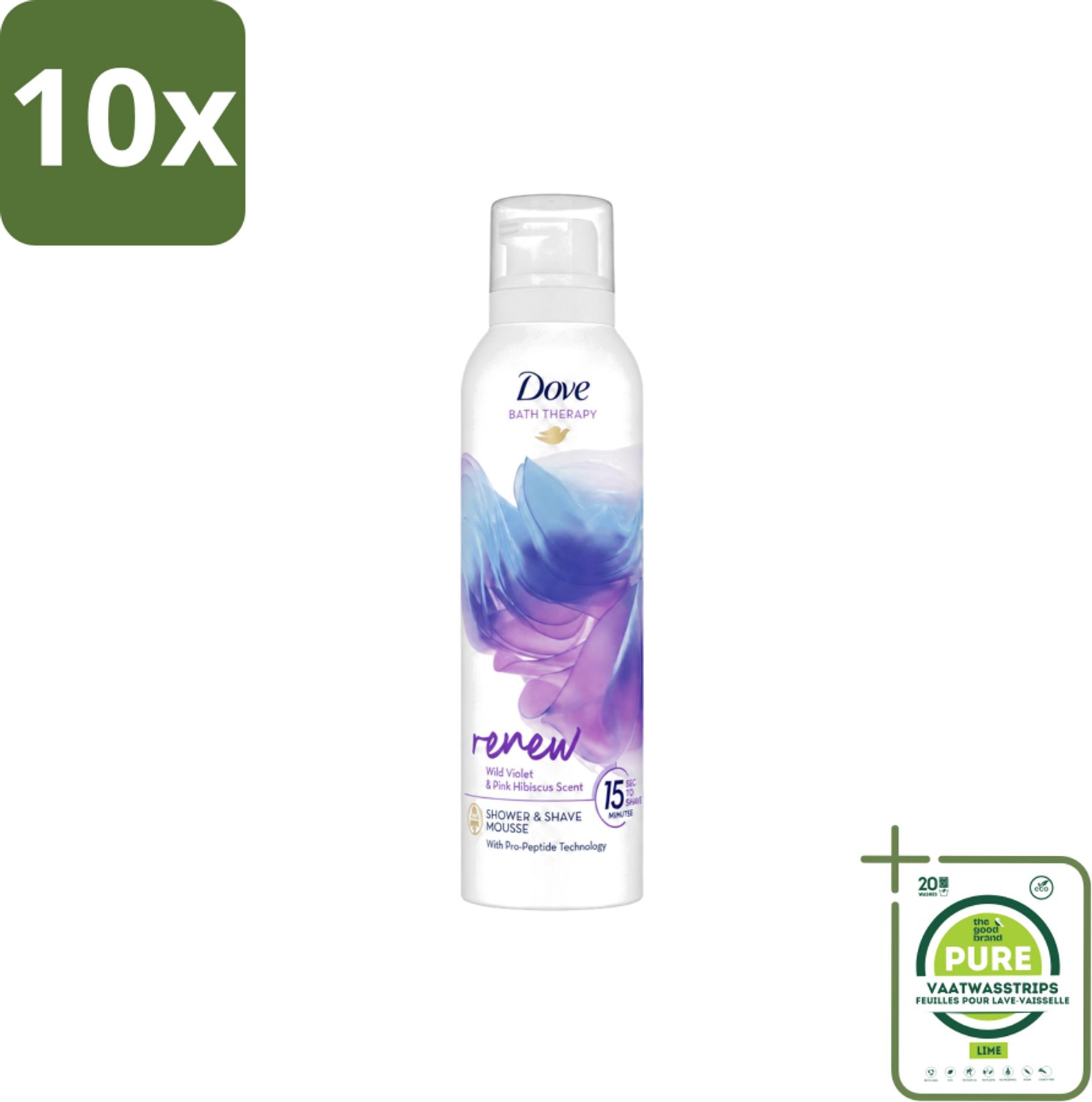 10 x Dove – Douche- & Scheerschuim – Bath Therapy Renew – 200 ml - Grootverpakking - Vaatwasstrips - Douche En Scheerschuim - Huidvernieuwing - Pro-peptide - Hydratatie - Luxe Douche