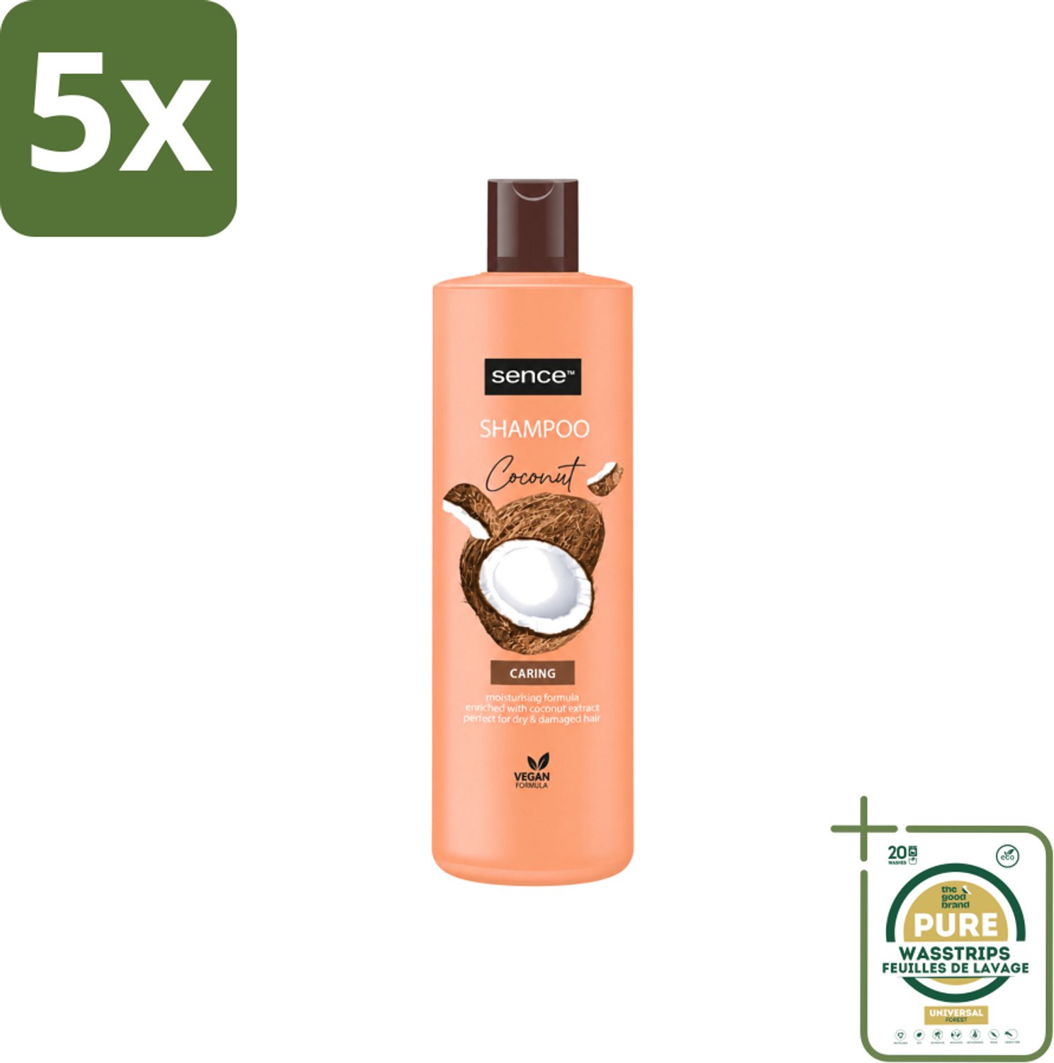 5 x Sence - Coconut - Shampoo - Verzorgend - 400 ml - Voordeelverpakking - Wasstrips - Kokos Shampoo - Droog Haar Shampoo - Beschadigd Haar Shampoo - Glanzend Haar - Gezond Haar